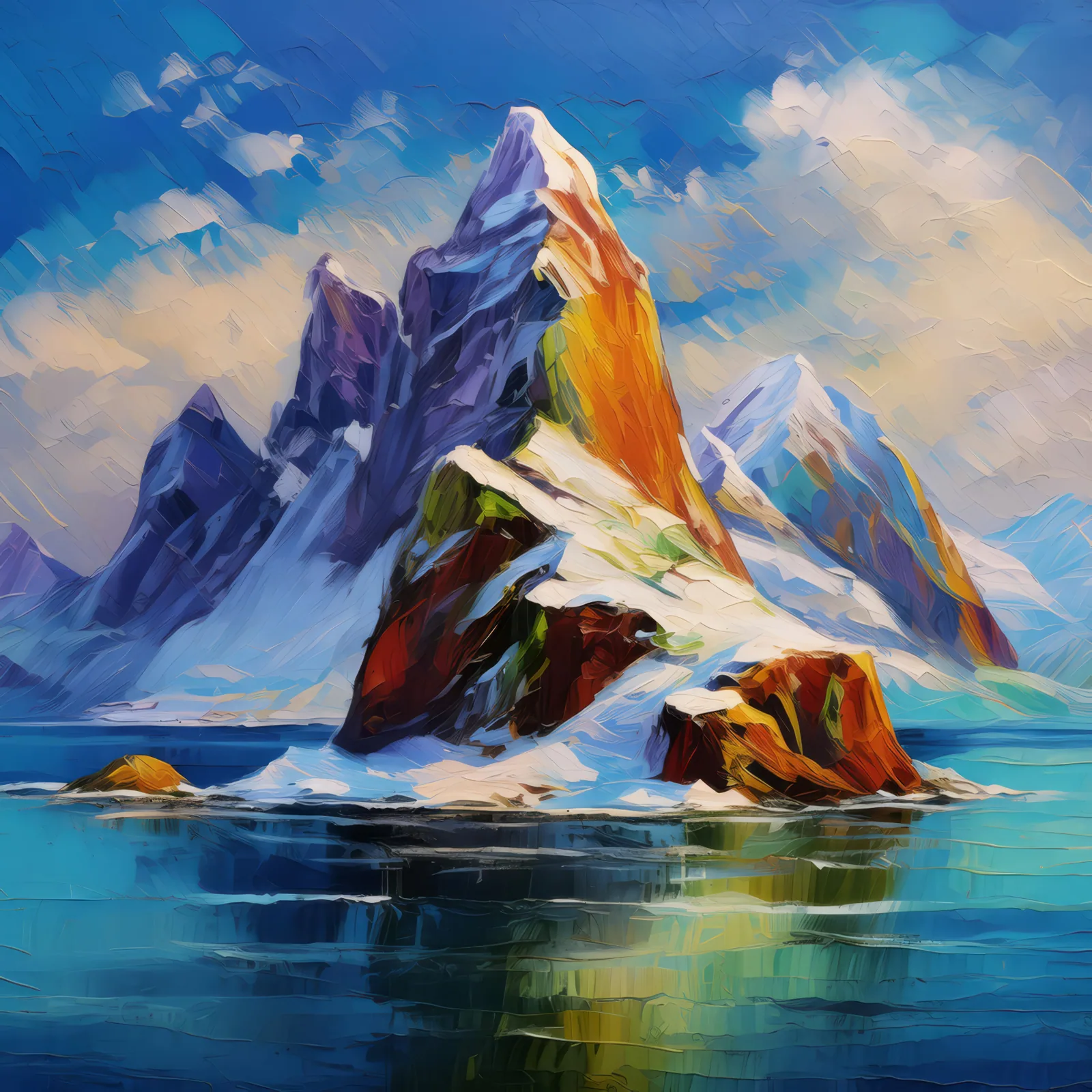 Snow-Capped Island, a palette-knife oil landscape by Emma Mickelberg
