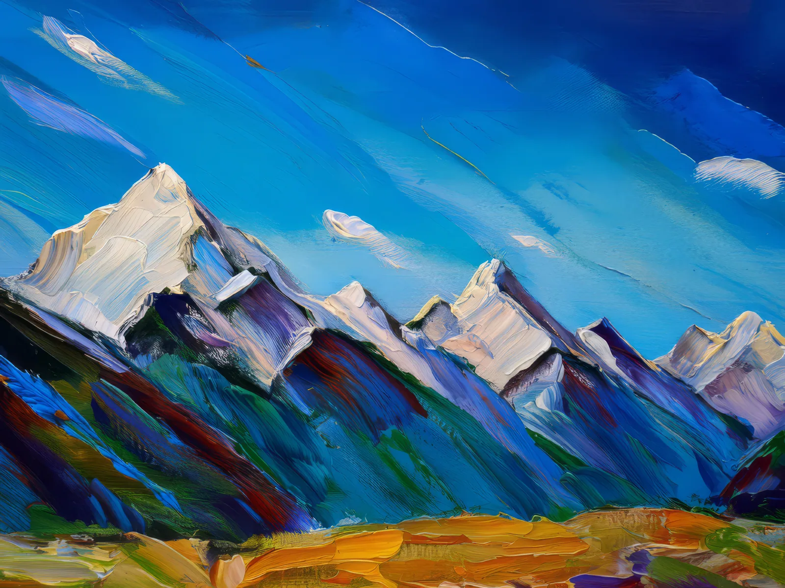 Snow-Capped Mountain Peaks, a palette-knife oil landscape by Emma Mickelberg