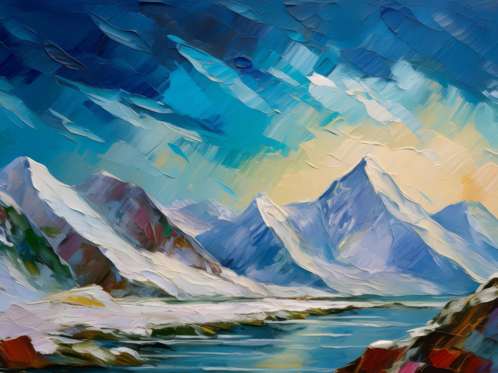 Snow-Capped Mountain Range, a palette-knife oil landscape by Emma Mickelberg