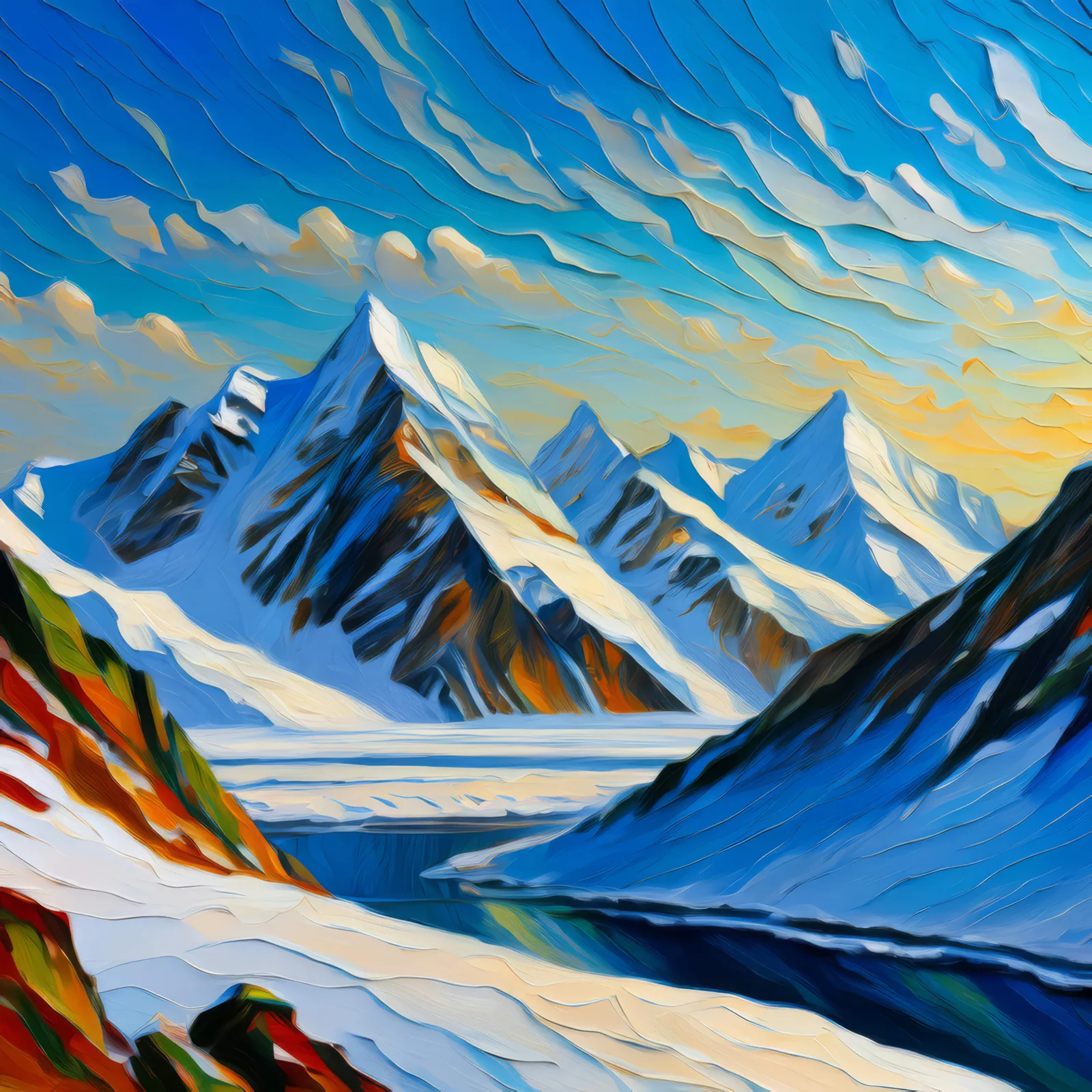 Snow-Capped Peaks, a palette-knife oil landscape by Emma Mickelberg