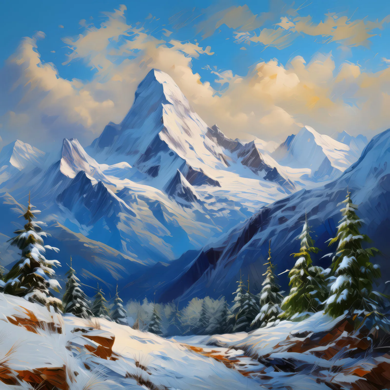 Snow-Covered Alpine Vista, a palette-knife oil landscape by Emma Mickelberg