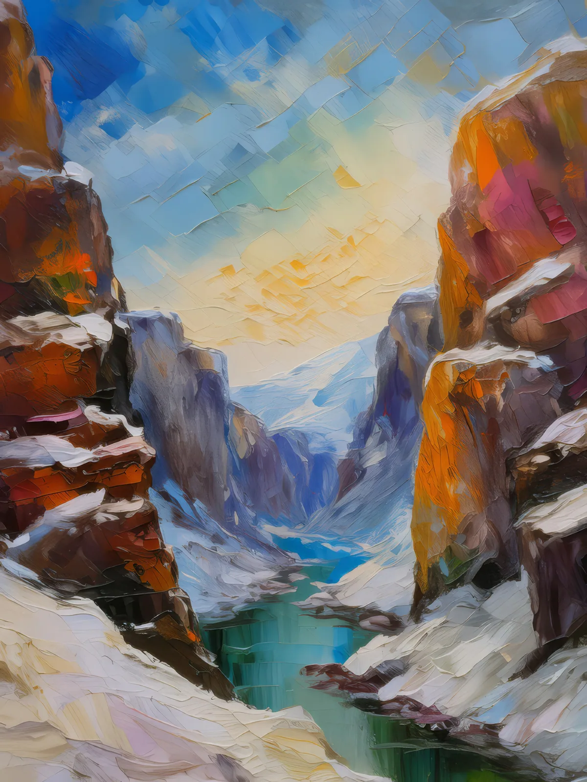 Snow-Covered Canyon, a palette-knife oil landscape by Emma Mickelberg