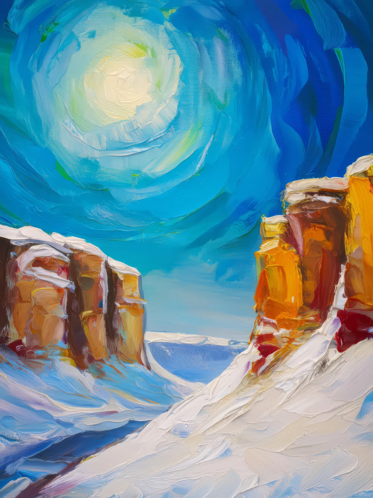 Snow-Covered Cliffs, a palette-knife oil landscape by Emma Mickelberg