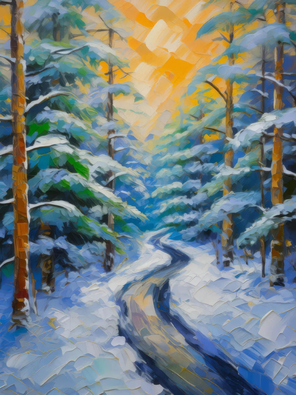 Snow-Covered Forest Road, a palette-knife oil landscape by Emma Mickelberg