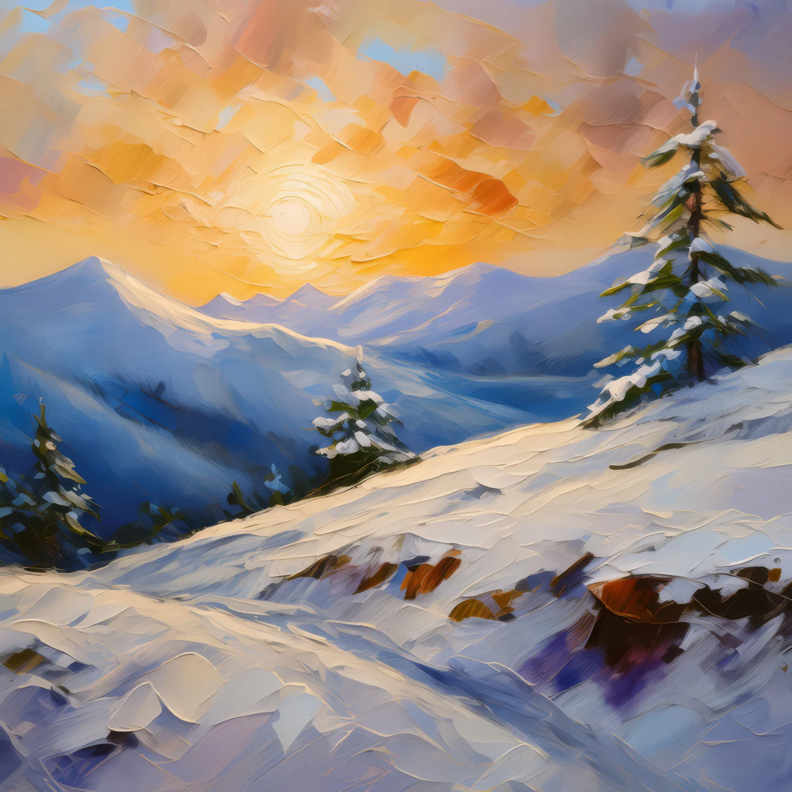 Snow-Covered Hill at Dawn, a palette-knife oil landscape by Emma Mickelberg