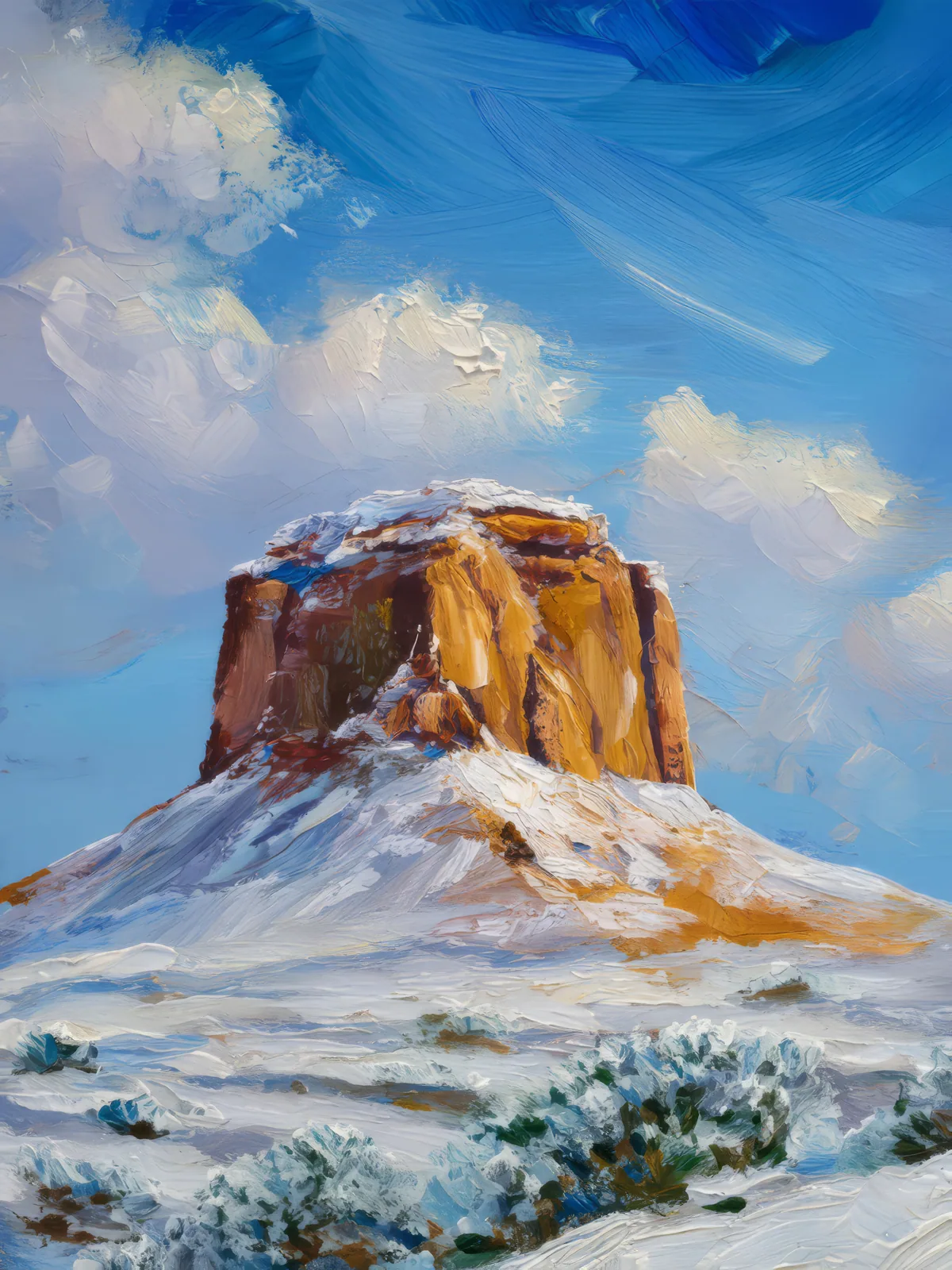 Snow-Covered Mesa Peak, a palette-knife oil landscape by Emma Mickelberg