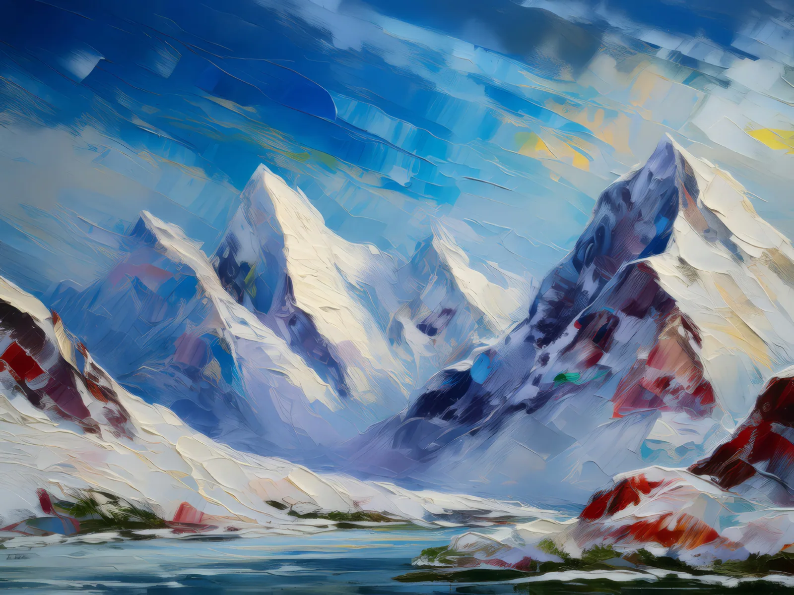 Snow-Covered Mountains, a palette-knife oil landscape by Emma Mickelberg