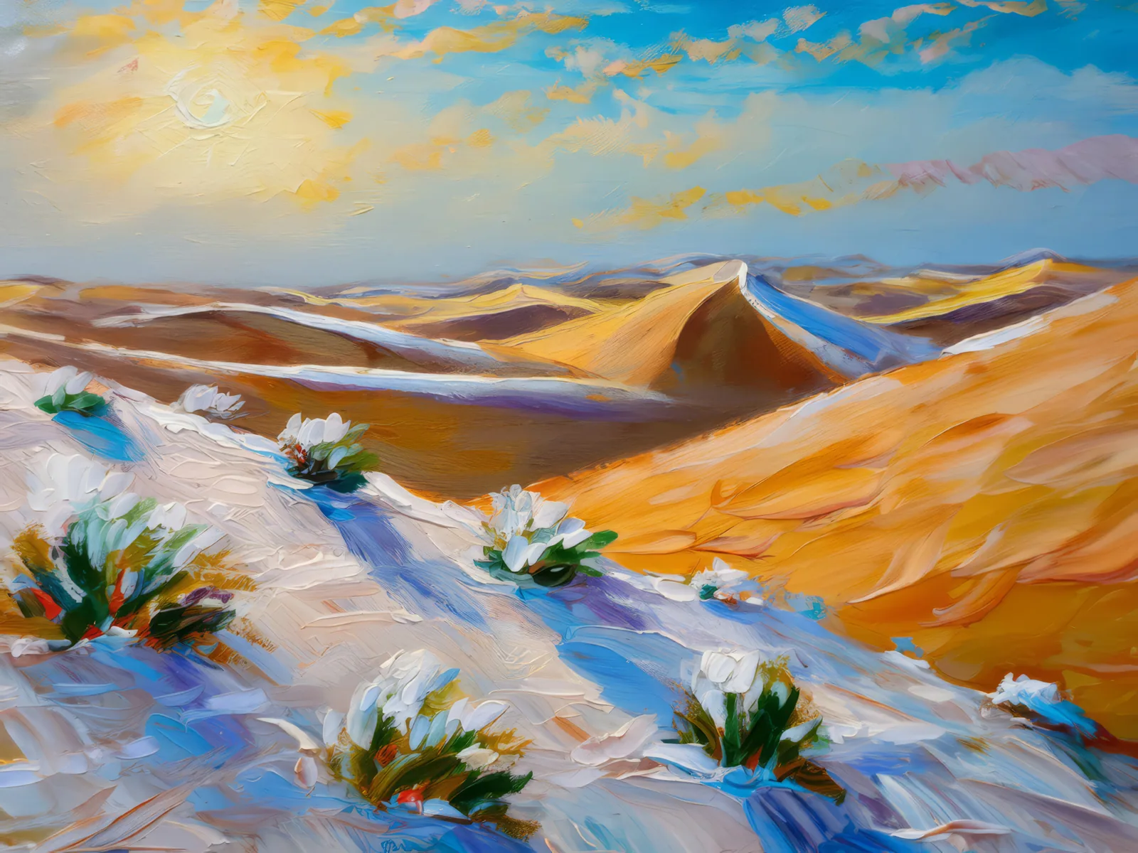 Snow-Covered Sand Dunes, a palette-knife oil landscape by Emma Mickelberg