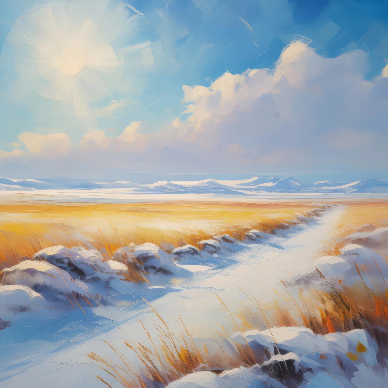Snow-Covered Tundra Plains, a palette-knife oil landscape by Emma Mickelberg