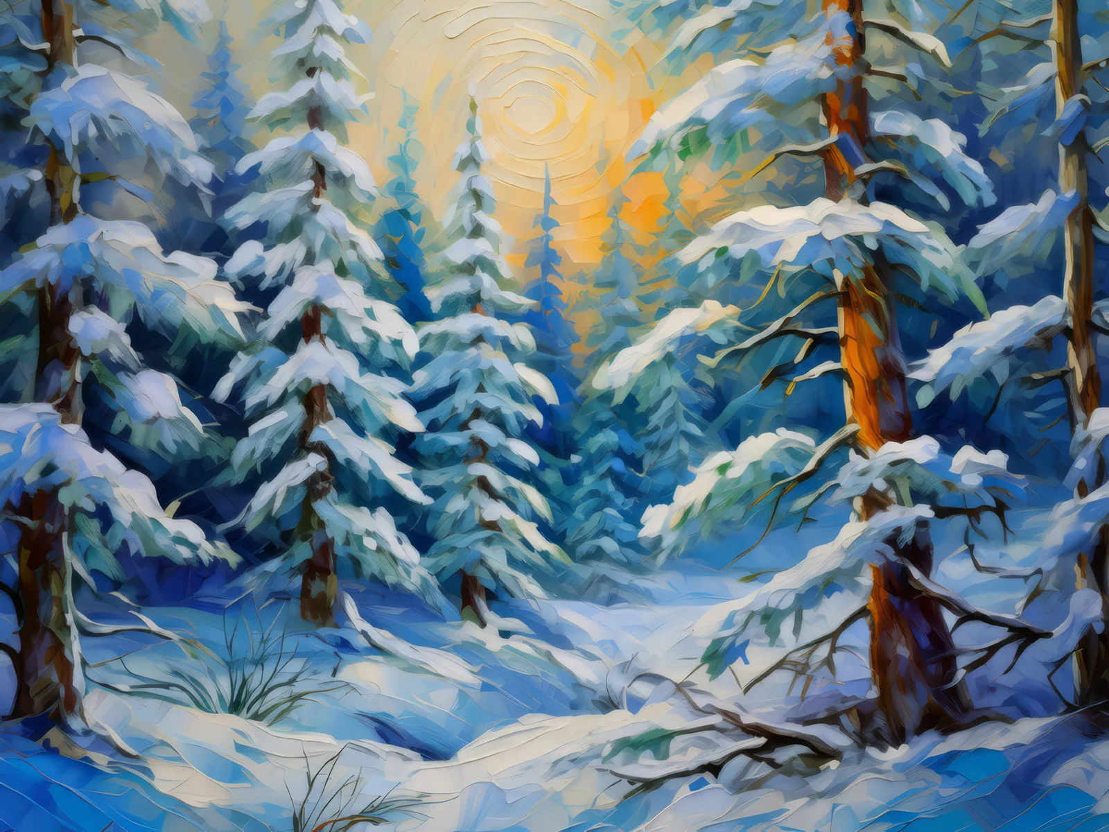 Snow-Draped Forest, a palette-knife oil landscape by Emma Mickelberg