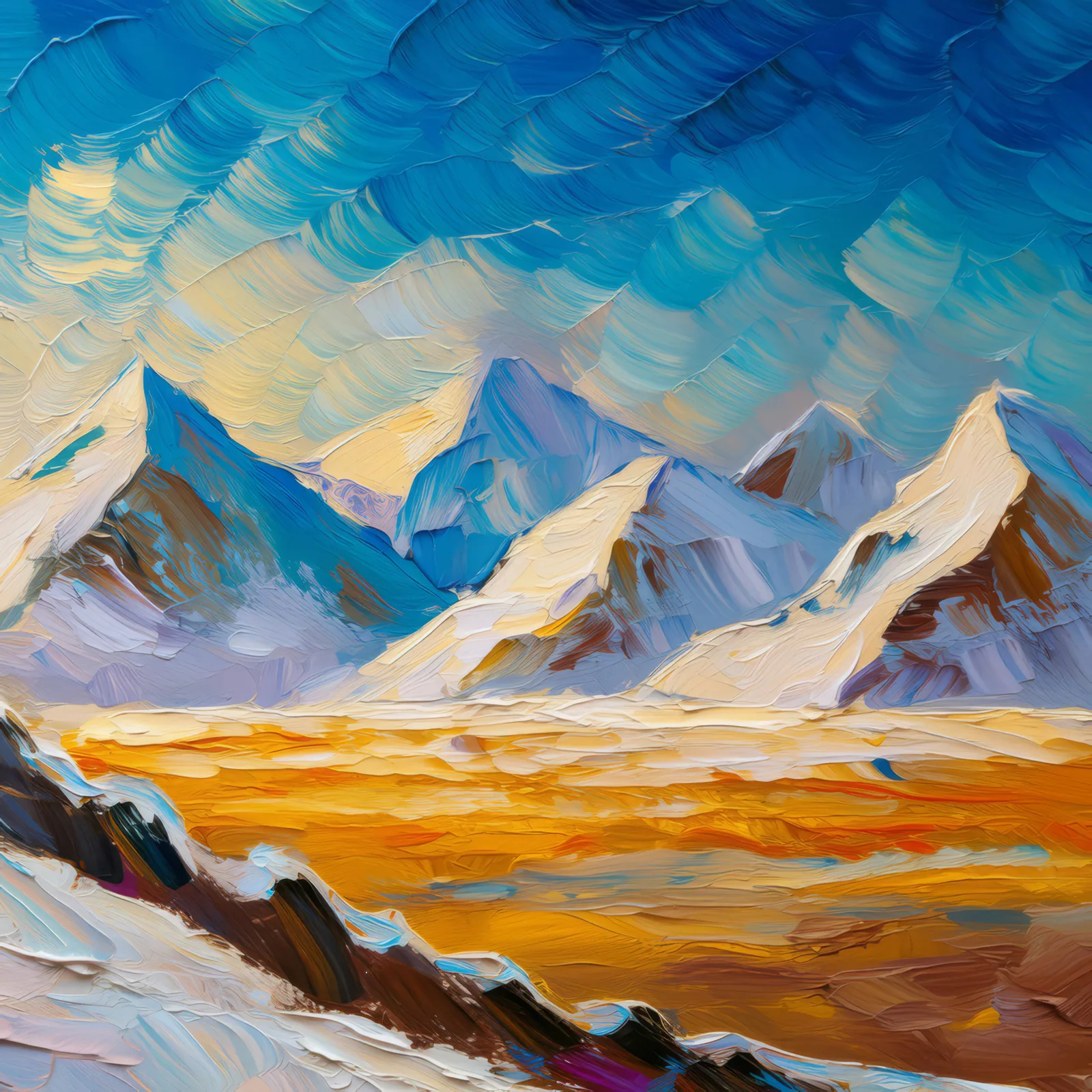 Snow-Draped Peaks, a palette-knife oil landscape by Emma Mickelberg