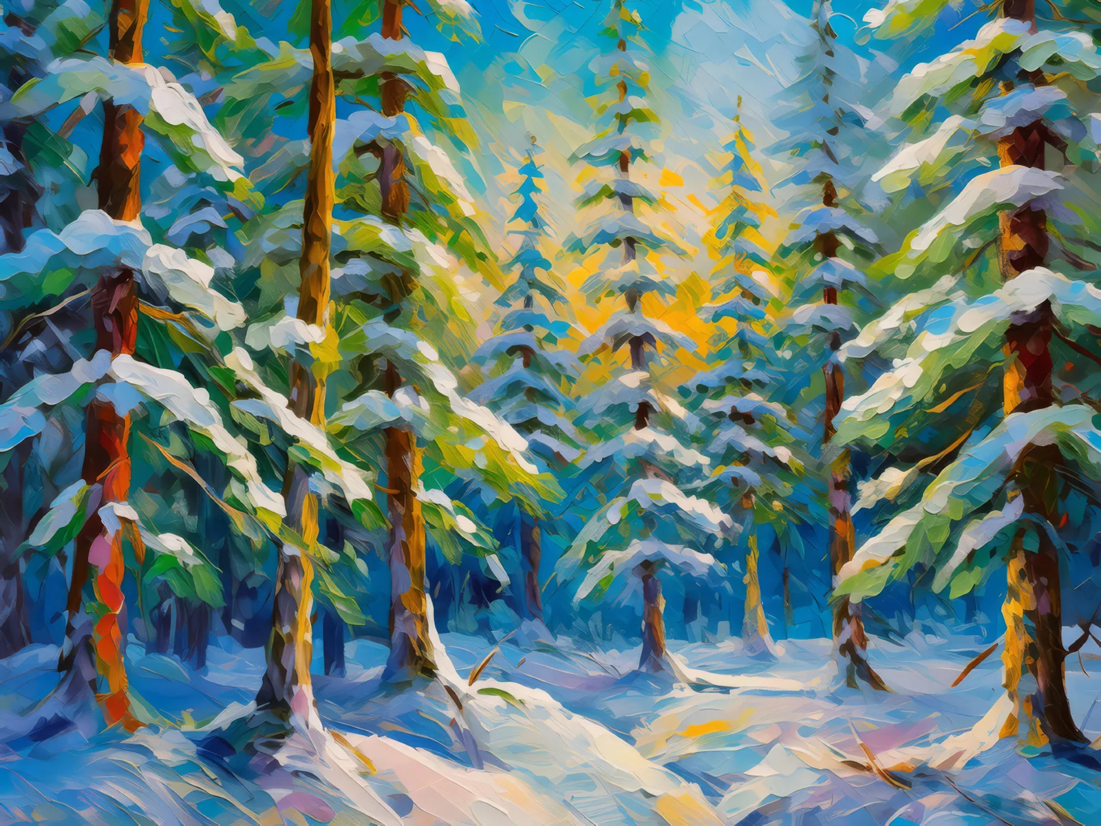 Snow-Draped Pines, a palette-knife oil landscape by Emma Mickelberg