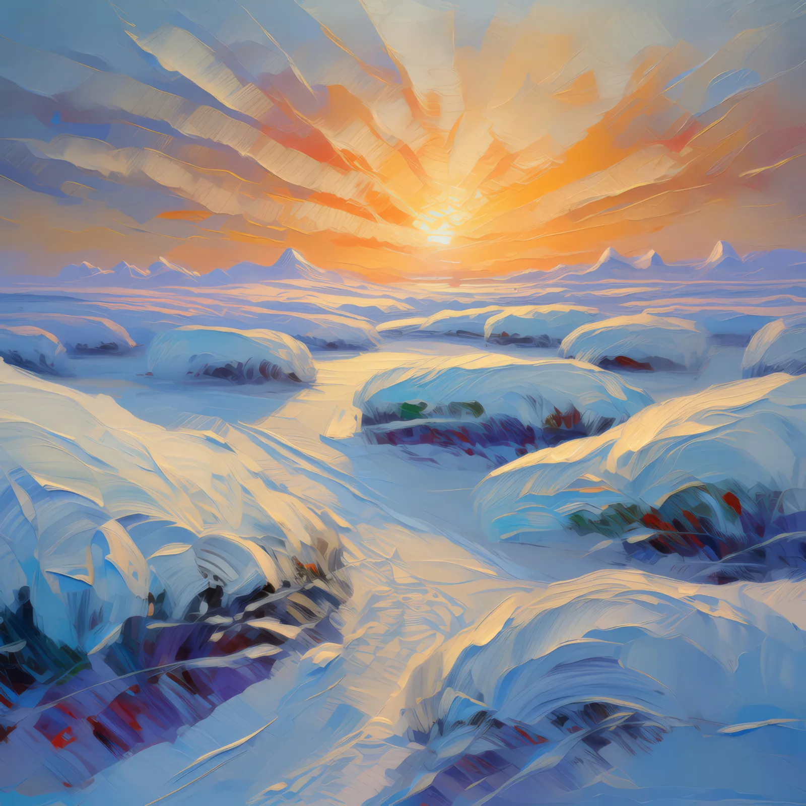 Snow Drifts at Dawn, a palette-knife oil landscape by Emma Mickelberg