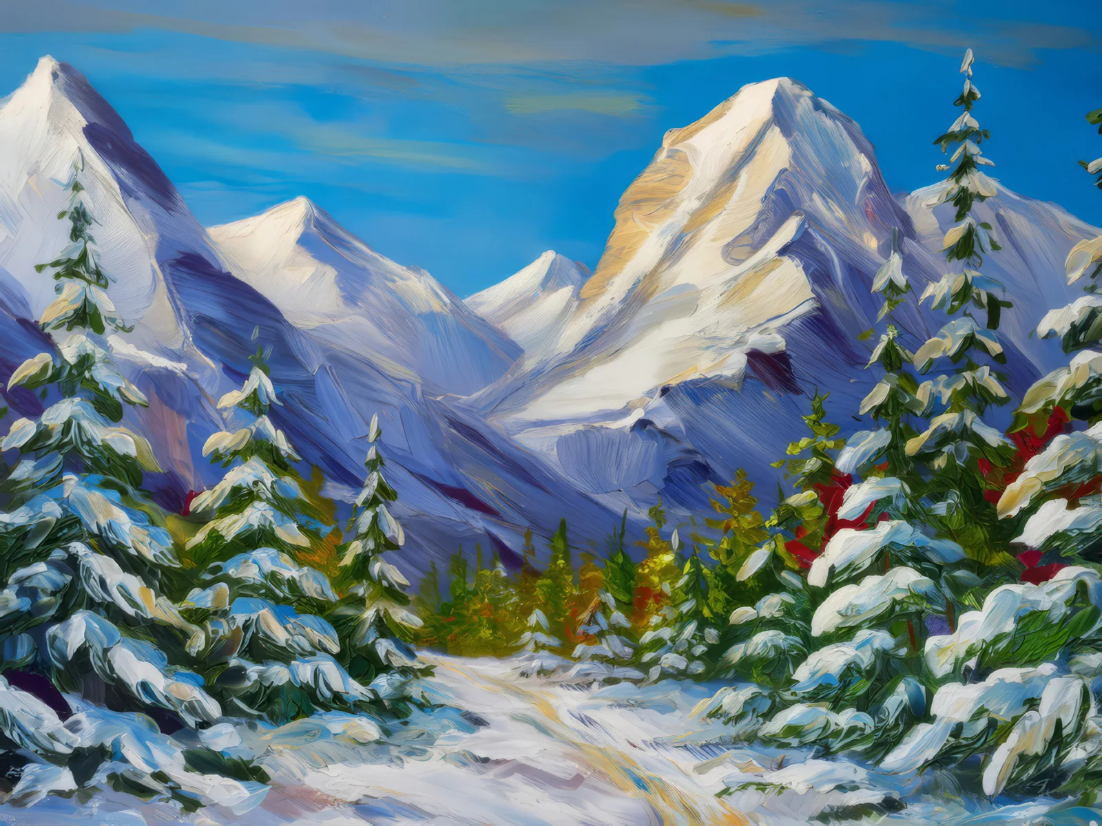 Snow-Dusted Forest, a palette-knife oil landscape by Emma Mickelberg