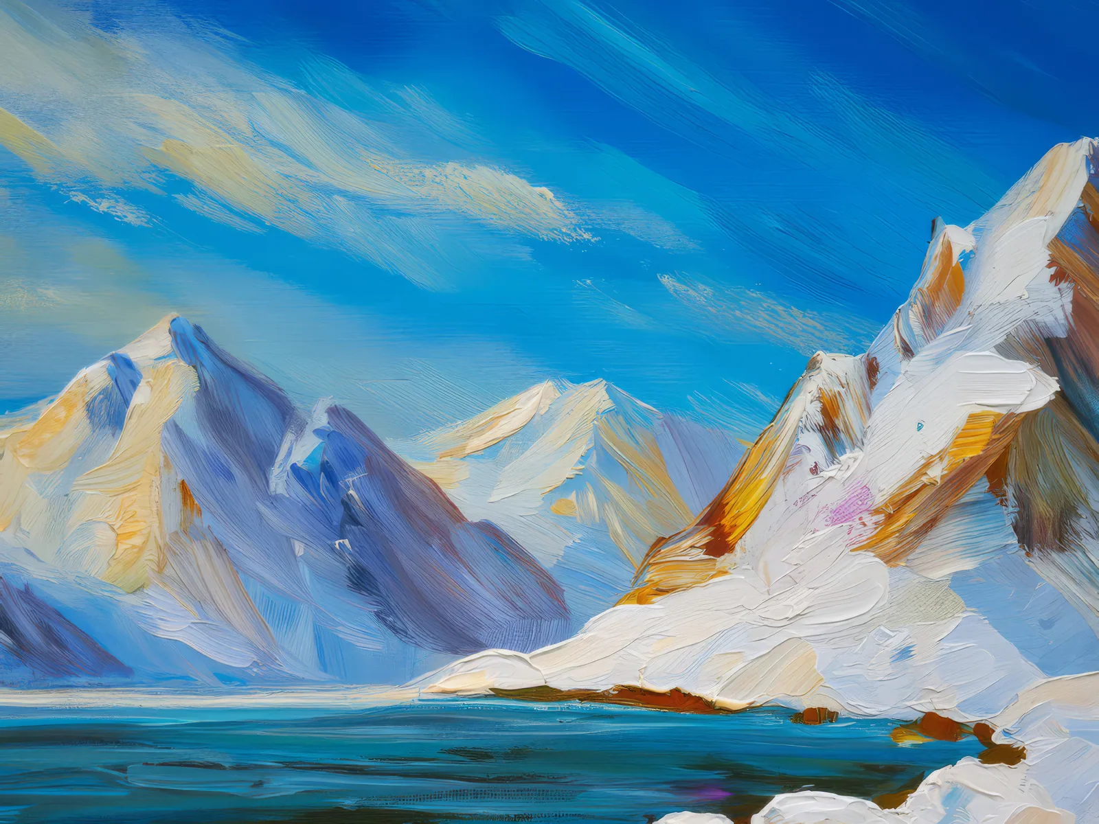 Snow-Dusted Mountains, a palette-knife oil landscape by Emma Mickelberg