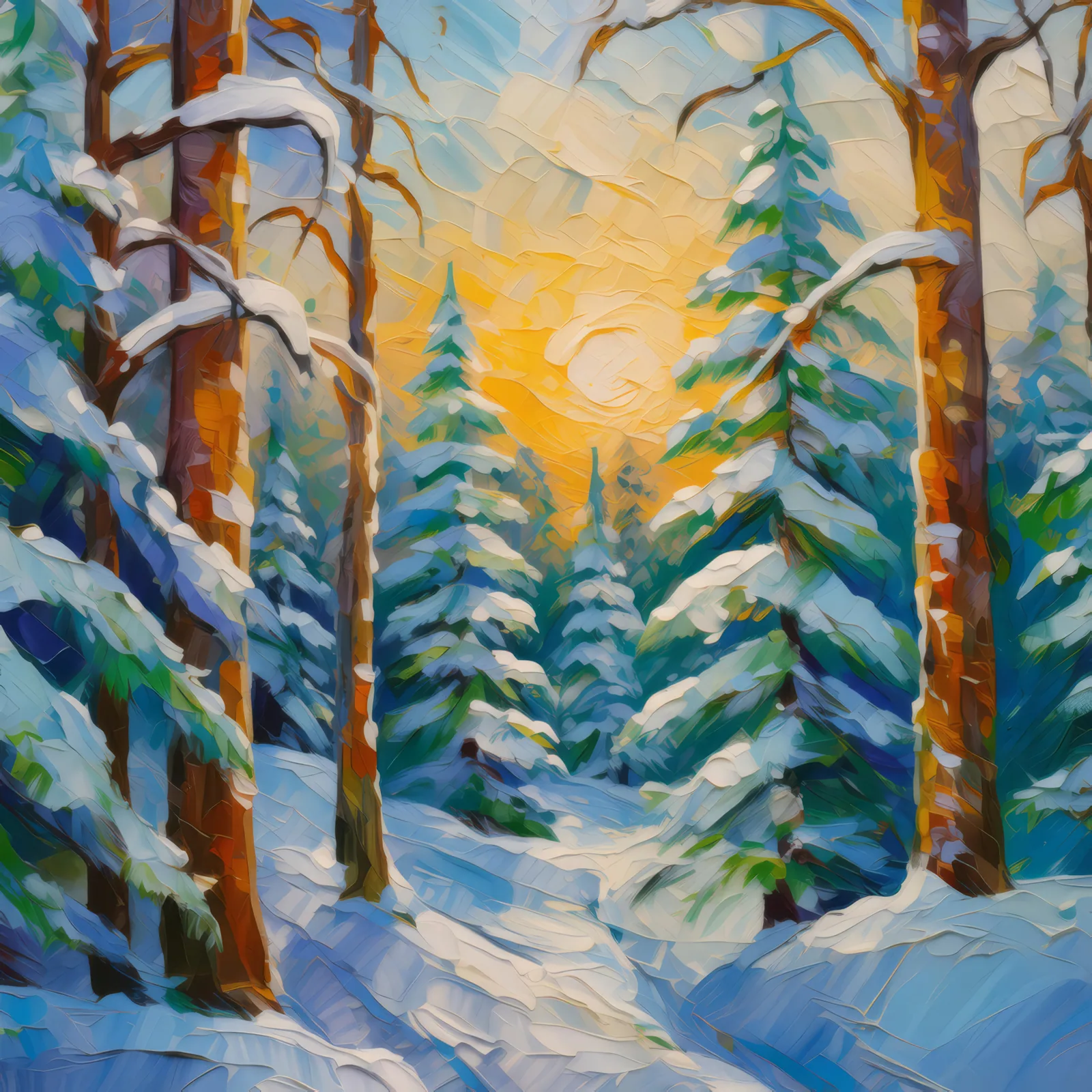 Snow-Laden Trees, a palette-knife oil landscape by Emma Mickelberg