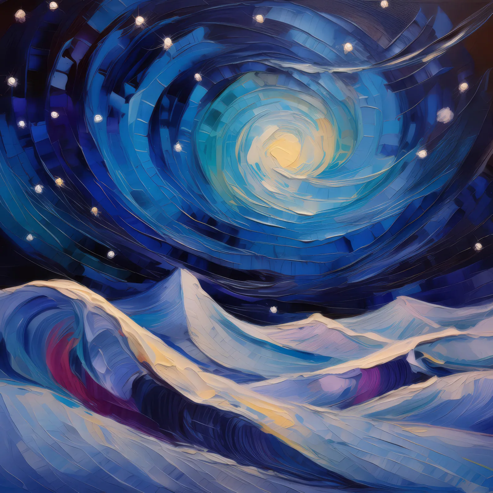 Snowdrifts Under Starlight, a palette-knife oil landscape by Emma Mickelberg