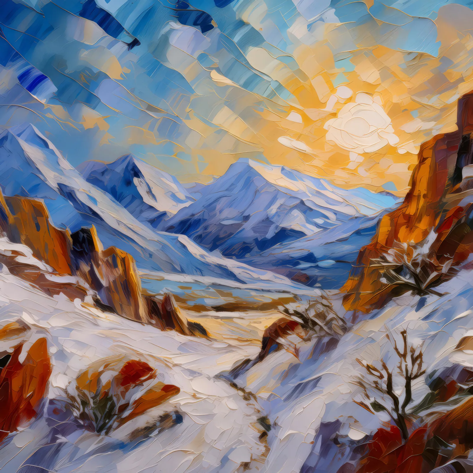 Snowfall in Alpine Desert, a palette-knife oil landscape by Emma Mickelberg