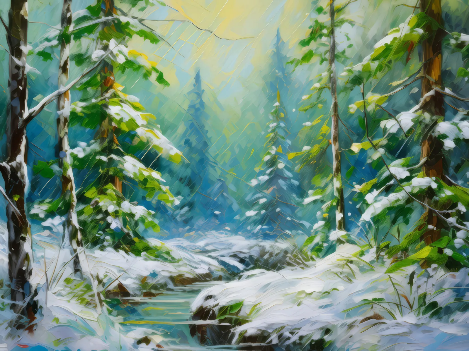 Snowfall in the Boreal Jungle, a palette-knife oil landscape by Emma Mickelberg