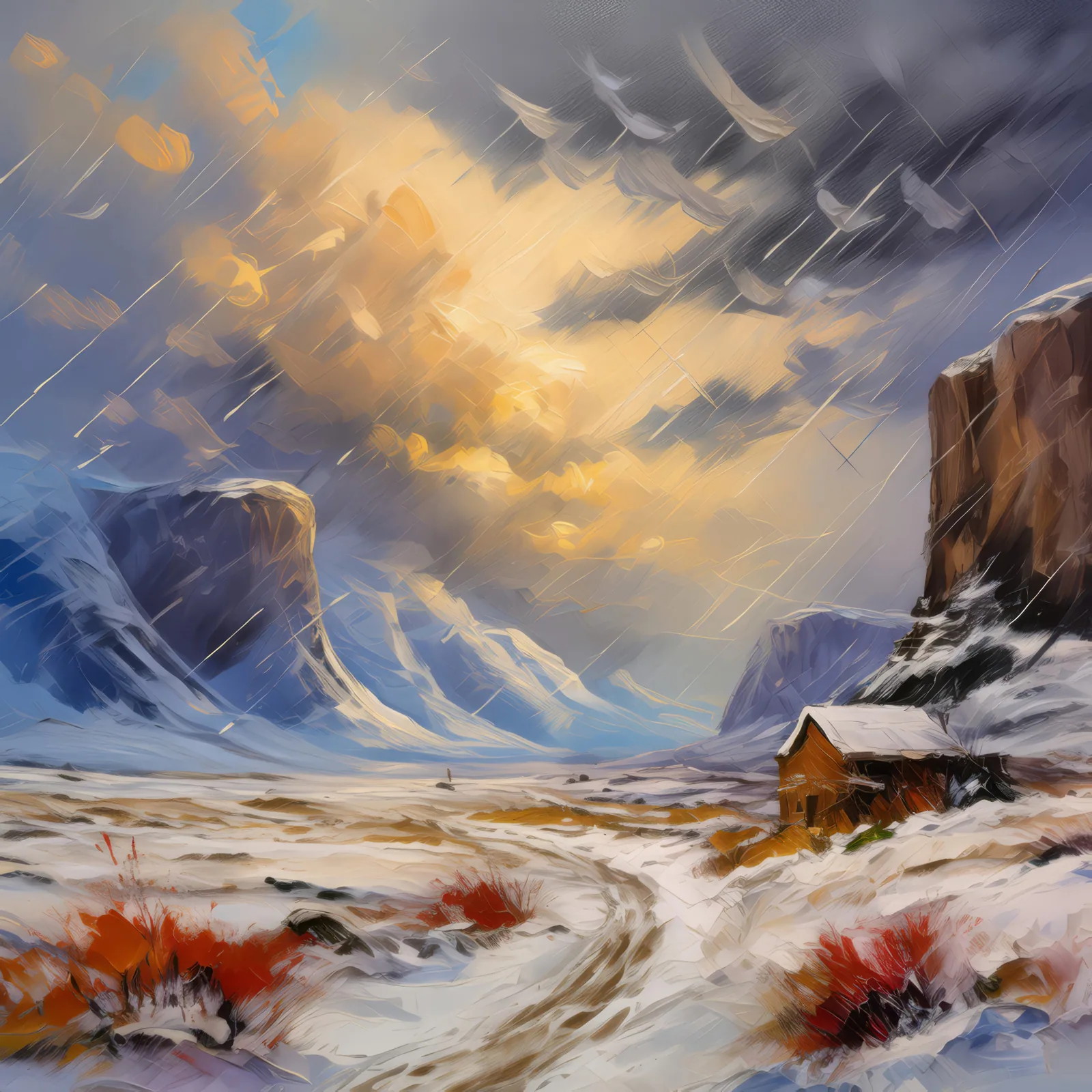 Snowstorm in Boreal Desert, a palette-knife oil landscape by Emma Mickelberg
