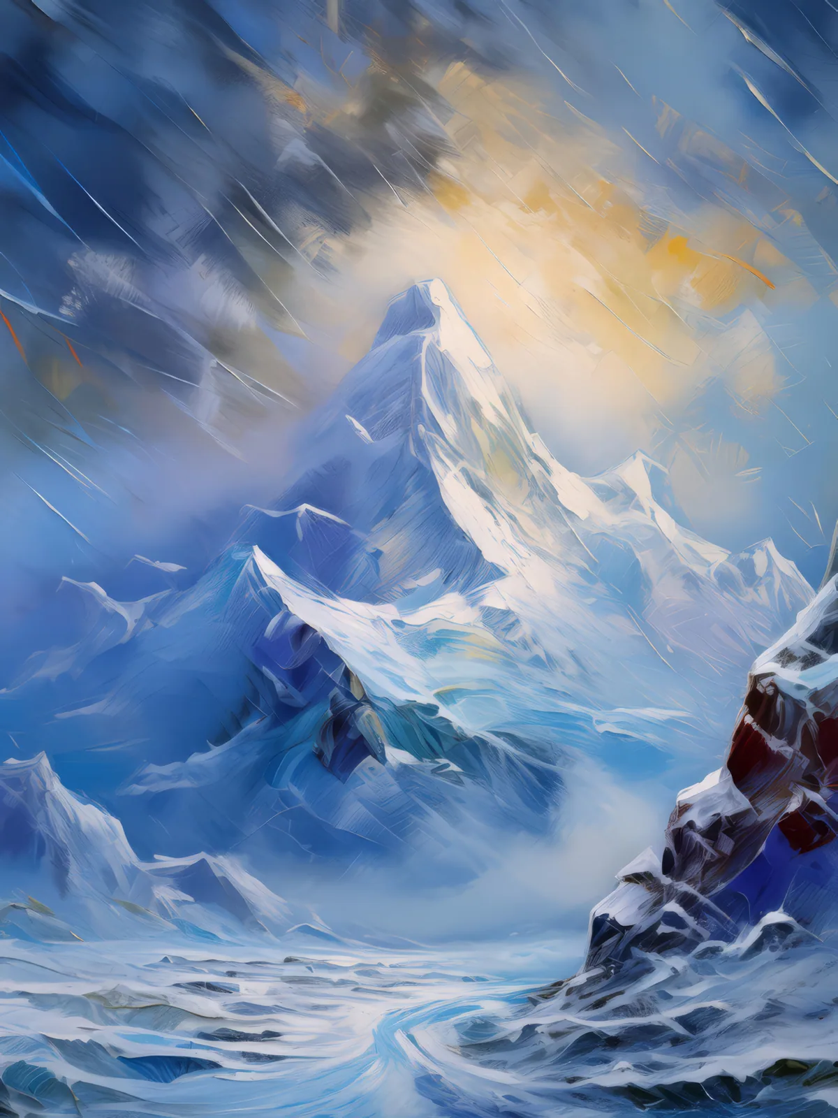 Snowstorm in Mountains, a palette-knife oil landscape by Emma Mickelberg