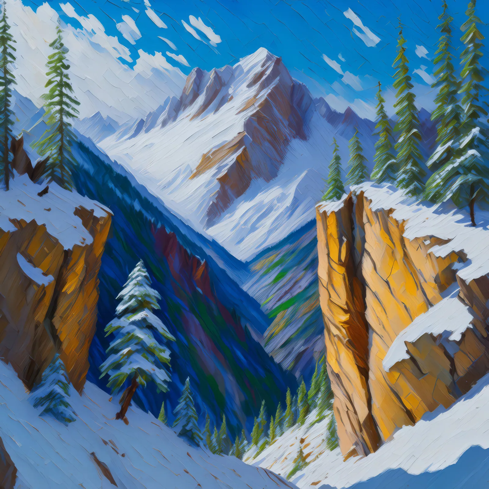 Snowy Alpine Chasm, a palette-knife oil landscape by Emma Mickelberg