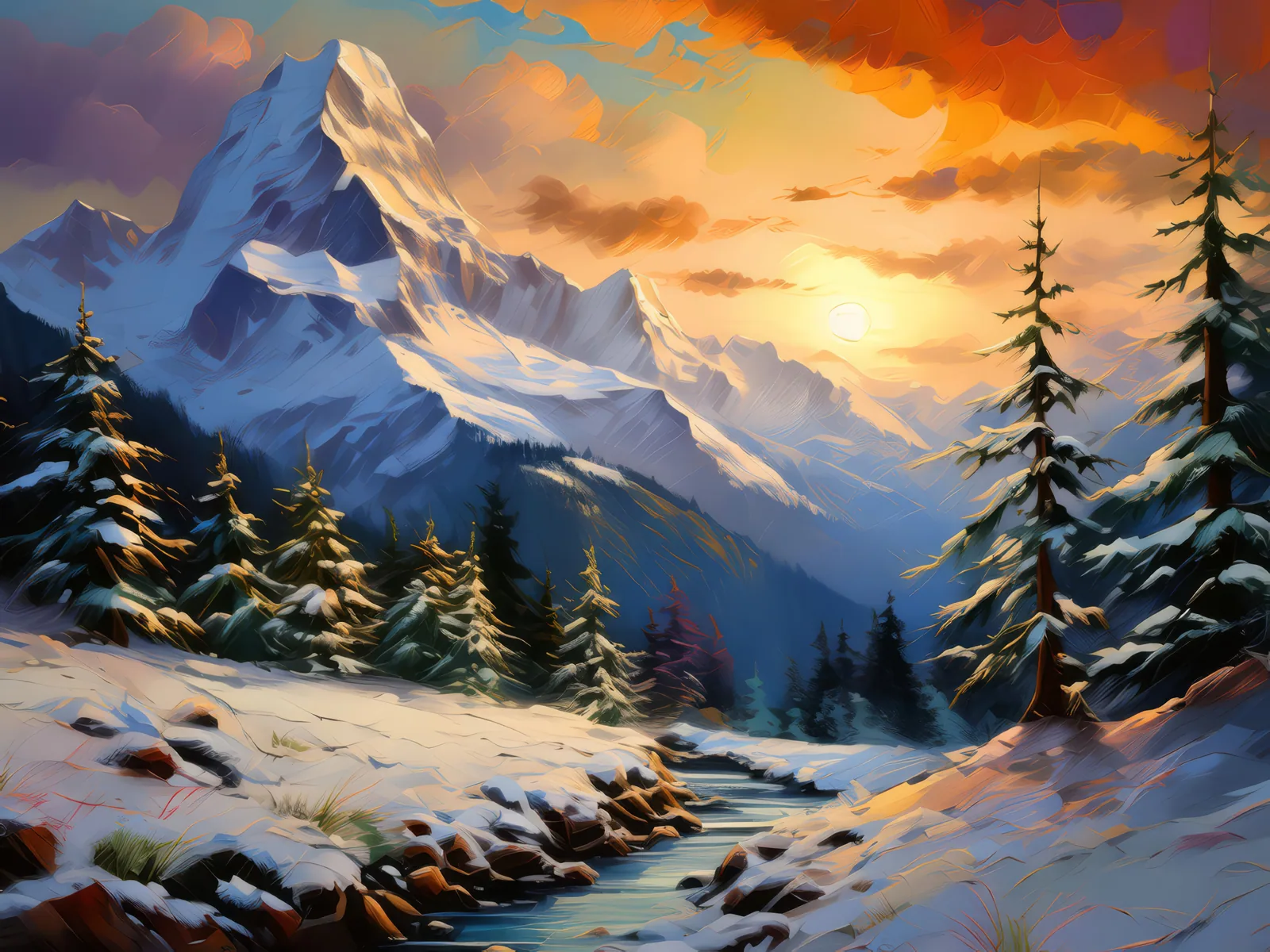 Snowy Alpine Evening, a palette-knife oil landscape by Emma Mickelberg