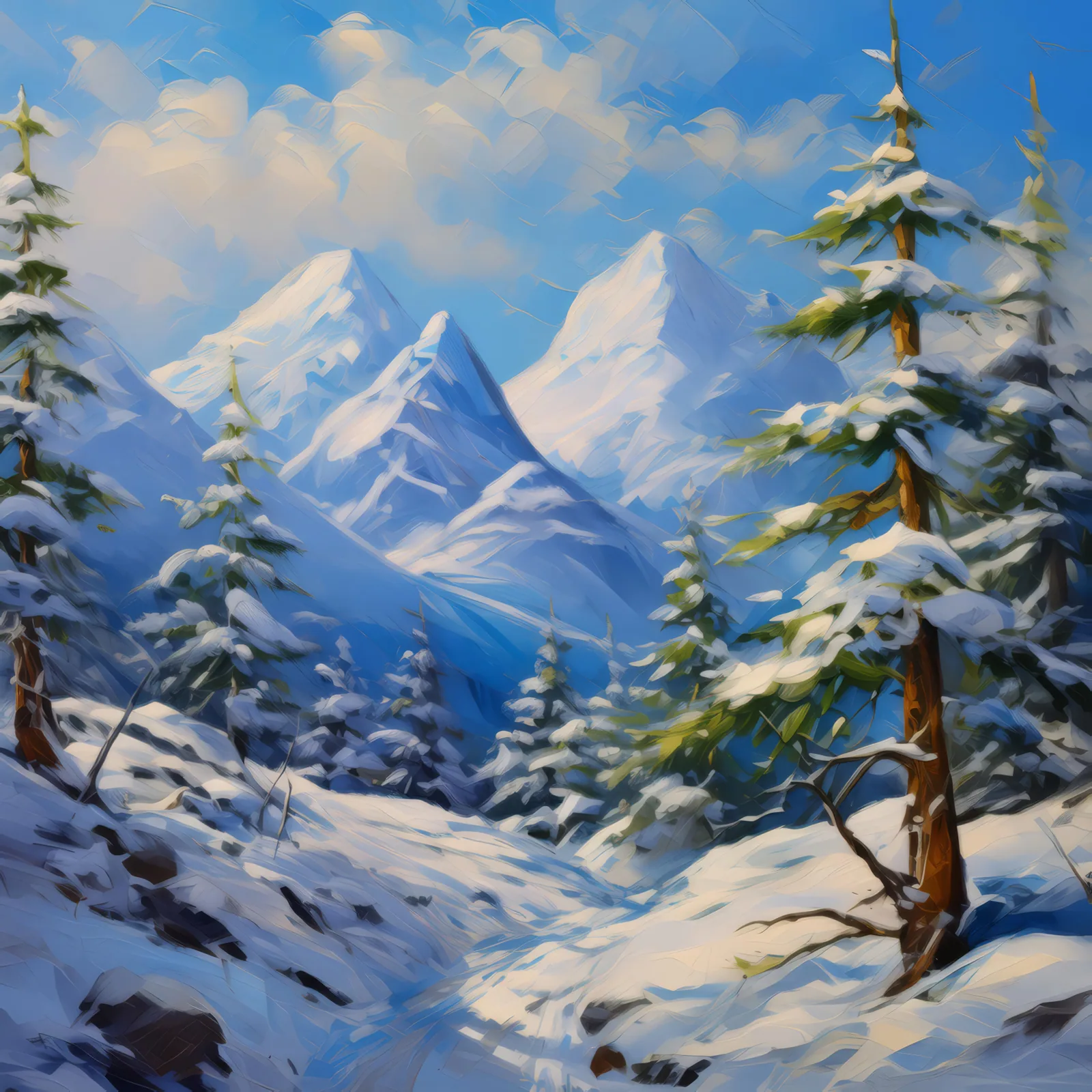 Snowy Alpine Landscape, a palette-knife oil landscape by Emma Mickelberg