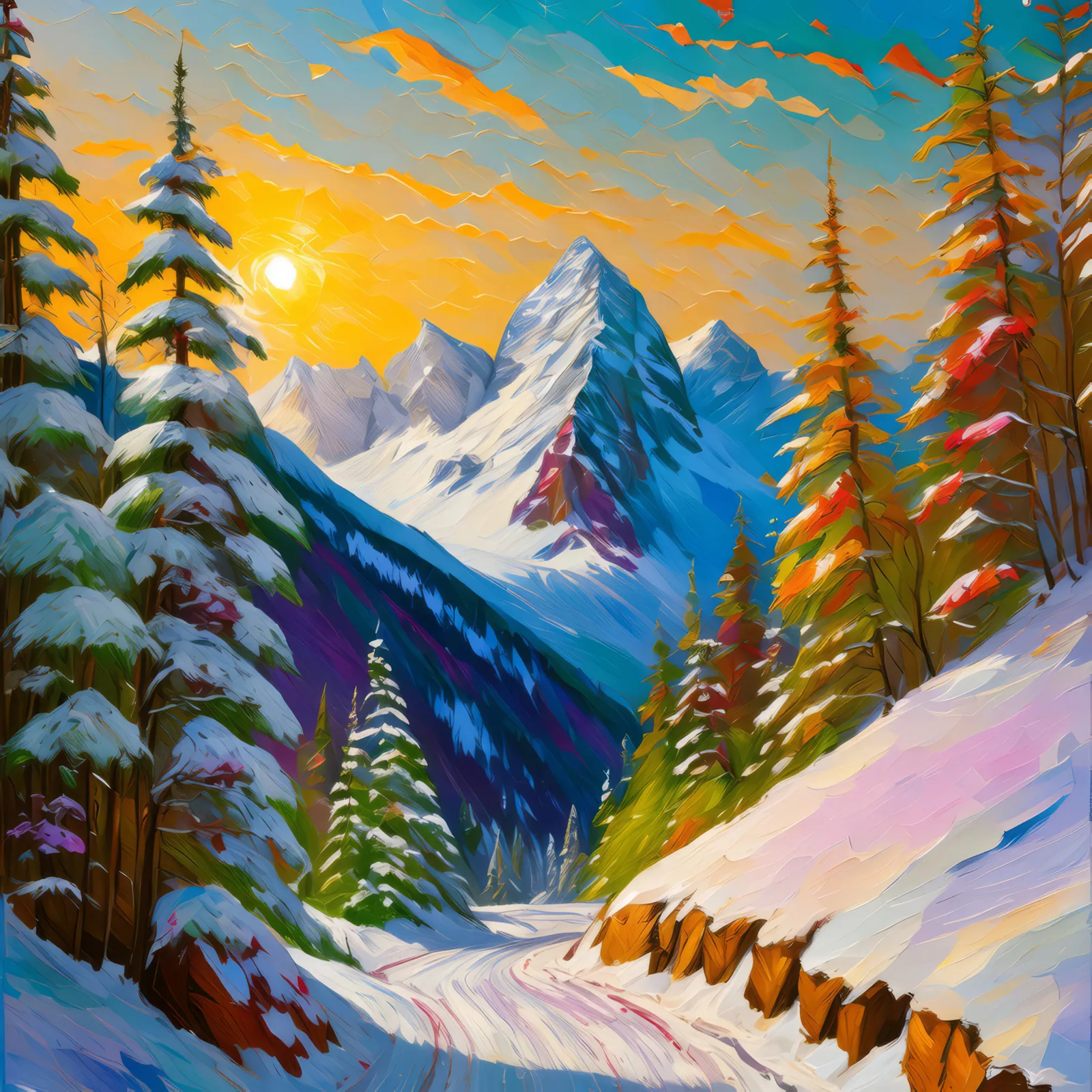 Snowy Alpine Pass, a palette-knife oil landscape by Emma Mickelberg