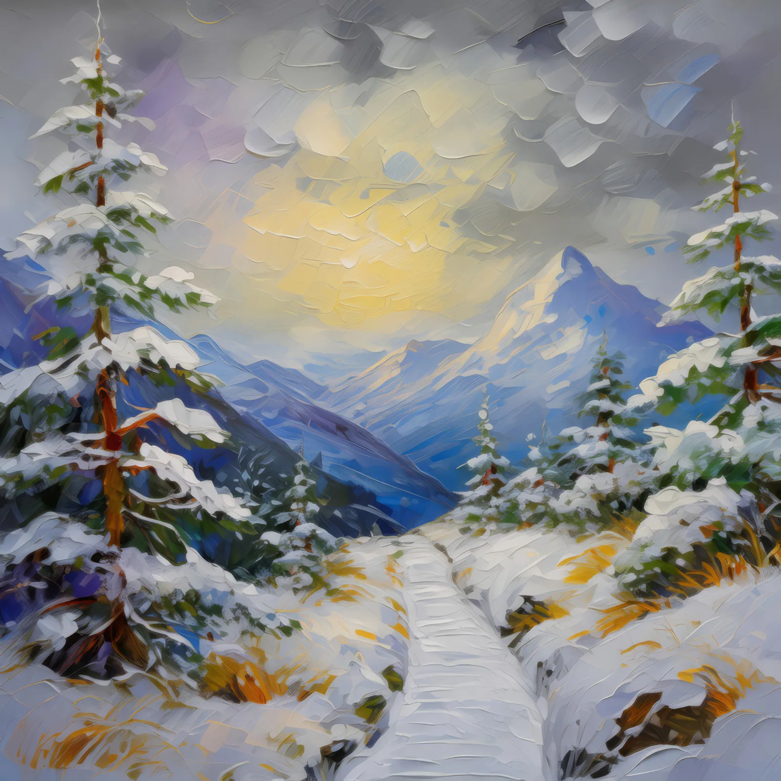 Snowy Alpine Pathway, a palette-knife oil landscape by Emma Mickelberg