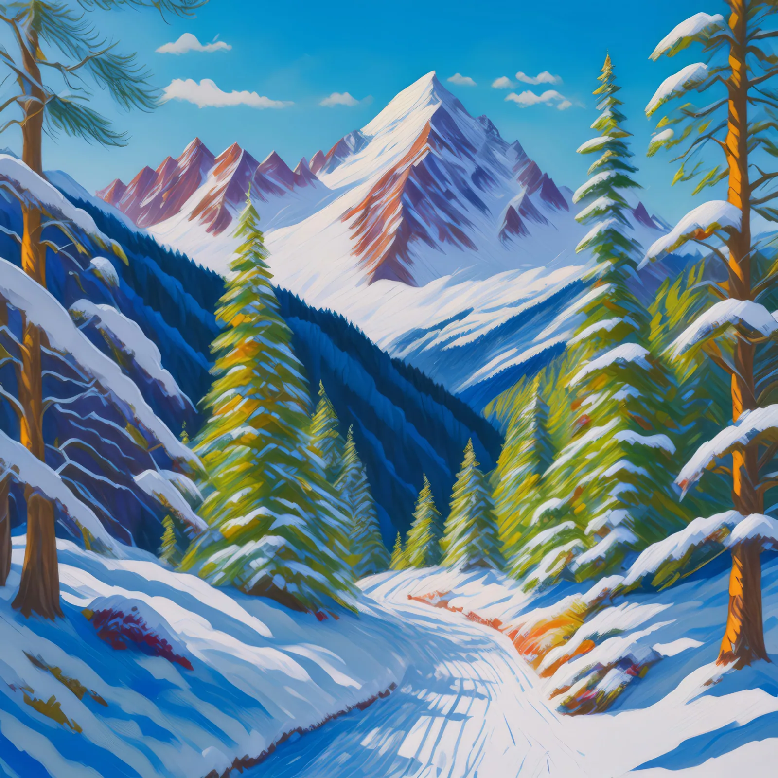 Snowy Alpine Trail, a palette-knife oil landscape by Emma Mickelberg
