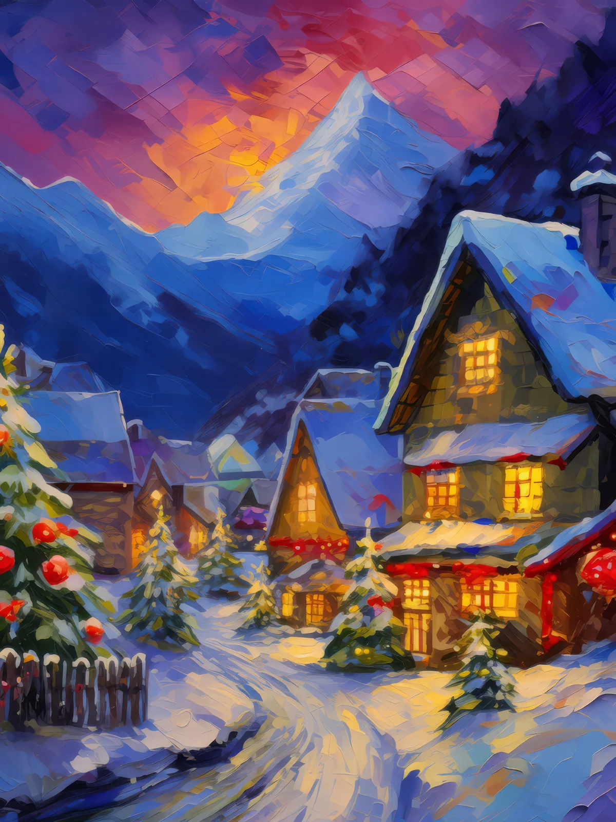 Snowy Alpine Village Evening, a palette-knife oil landscape by Emma Mickelberg