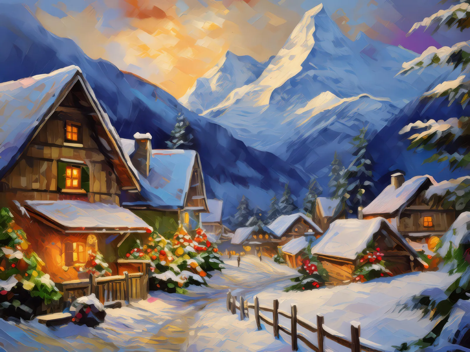 Snowy Alpine Village, a palette-knife oil landscape by Emma Mickelberg