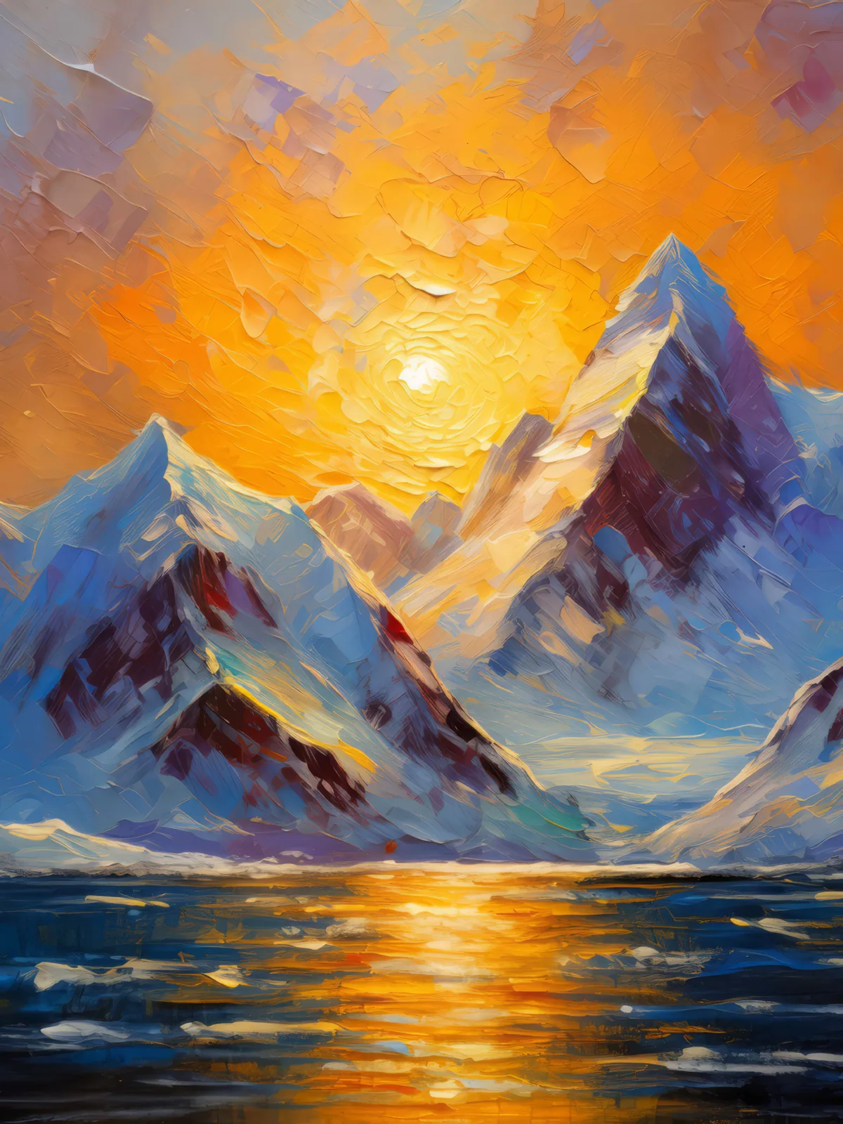 Snowy Arctic Peaks, a palette-knife oil landscape by Emma Mickelberg