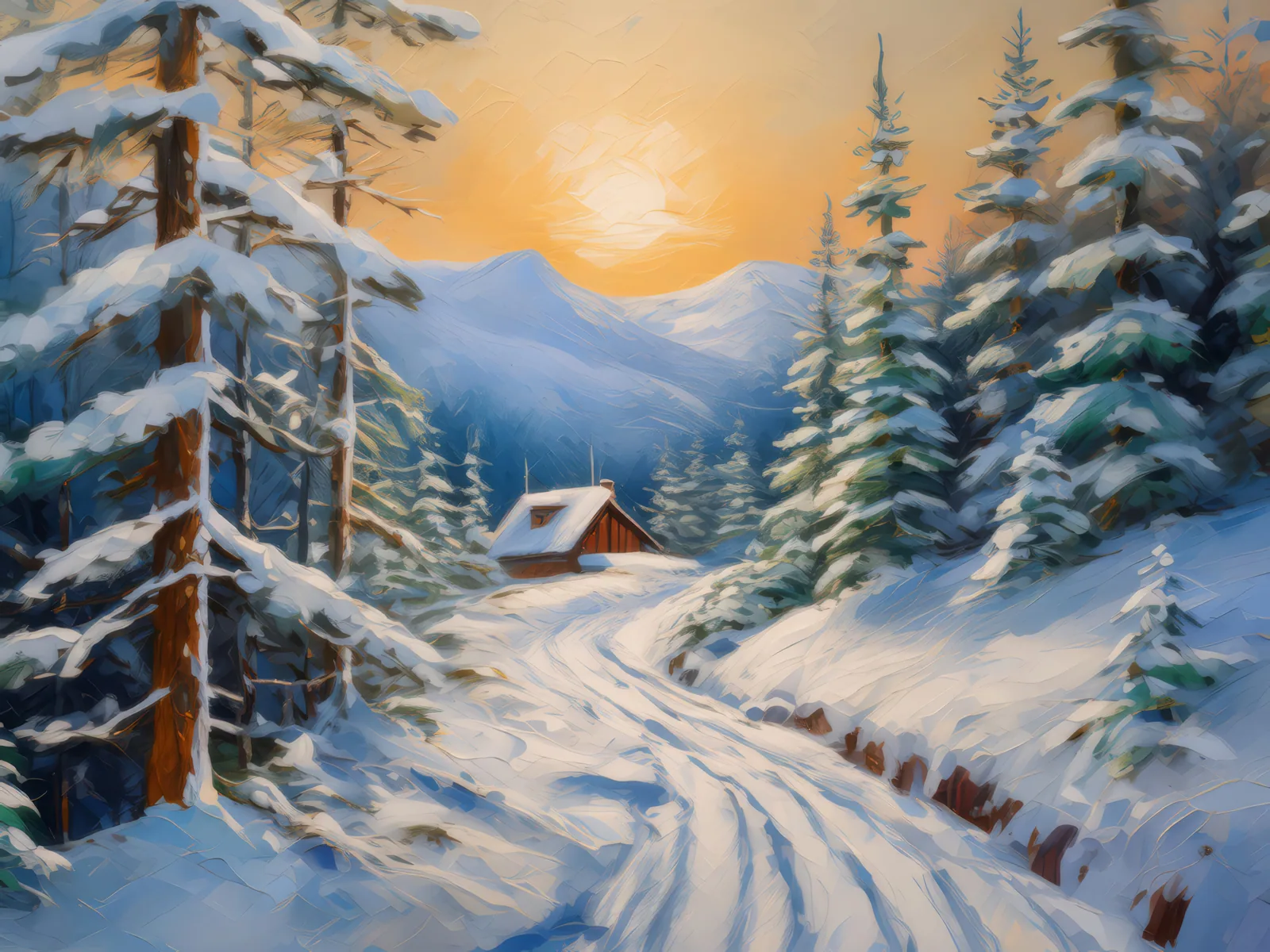 Snowy Backcountry Trail, a palette-knife oil landscape by Emma Mickelberg