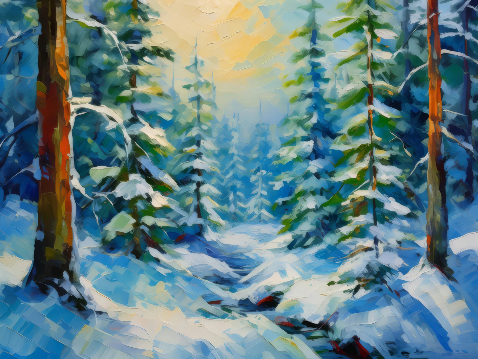 Snowy Boreal Landscape, a palette-knife oil landscape by Emma Mickelberg