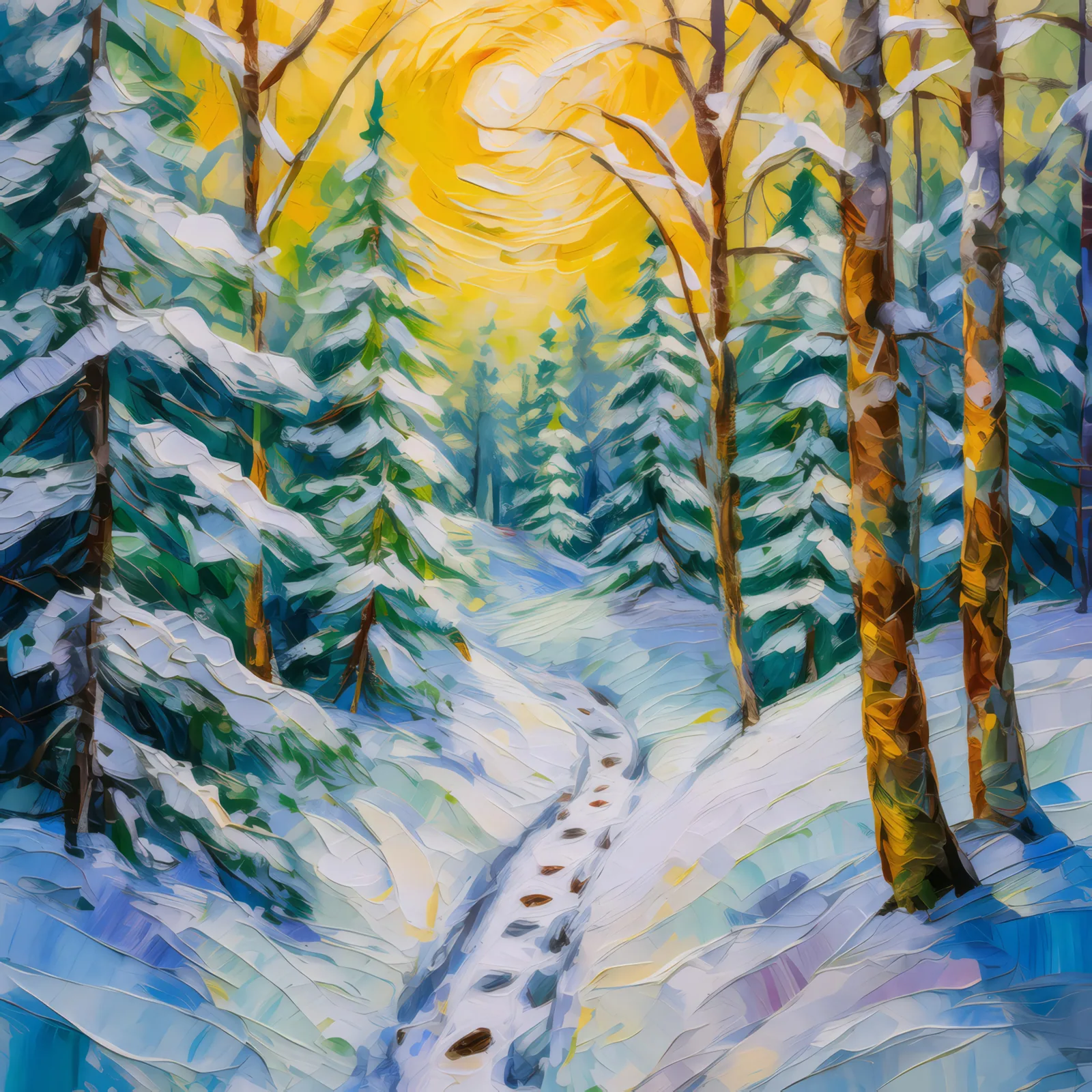 Snowy Boreal Trail, a palette-knife oil landscape by Emma Mickelberg