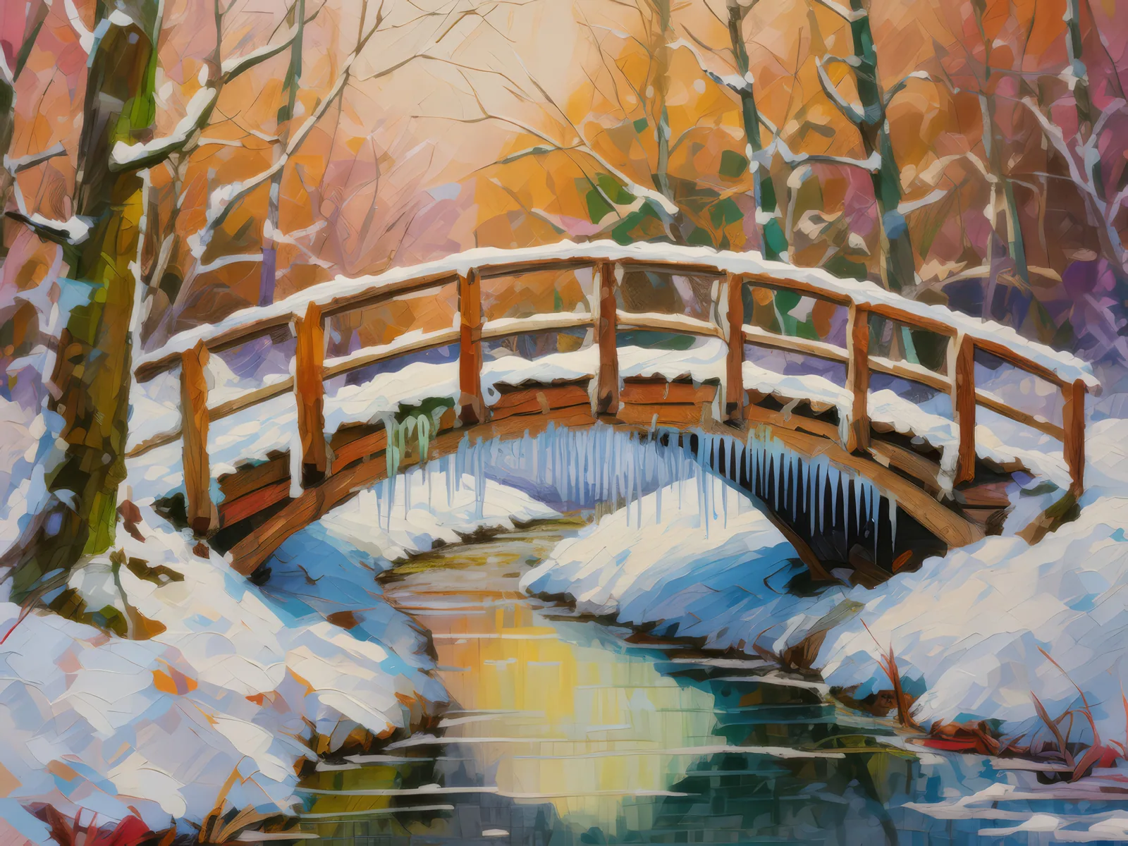 Snowy Bridge Over Creek, a palette-knife oil landscape by Emma Mickelberg
