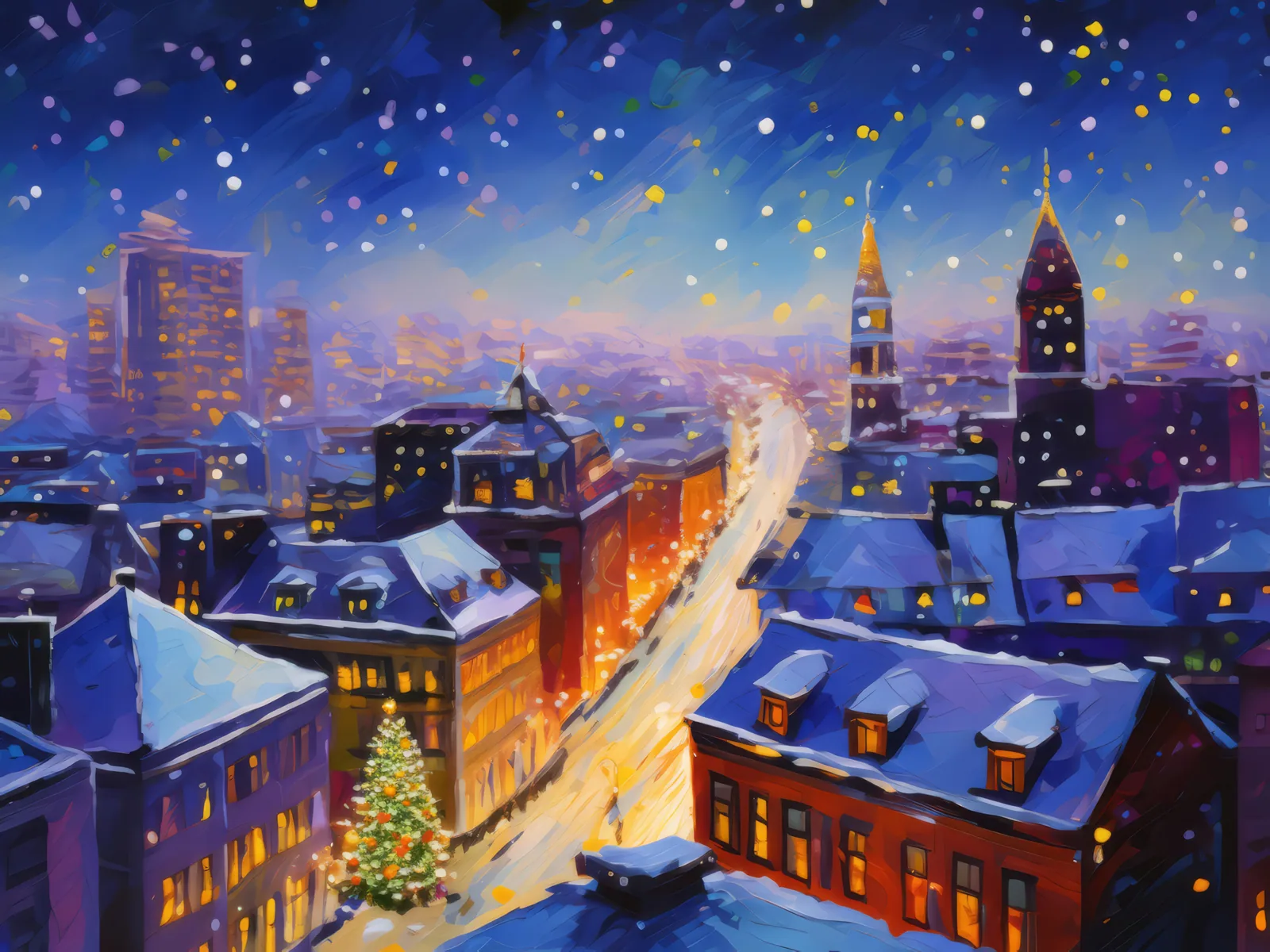 Snowy City Rooftop View, a palette-knife oil landscape by Emma Mickelberg