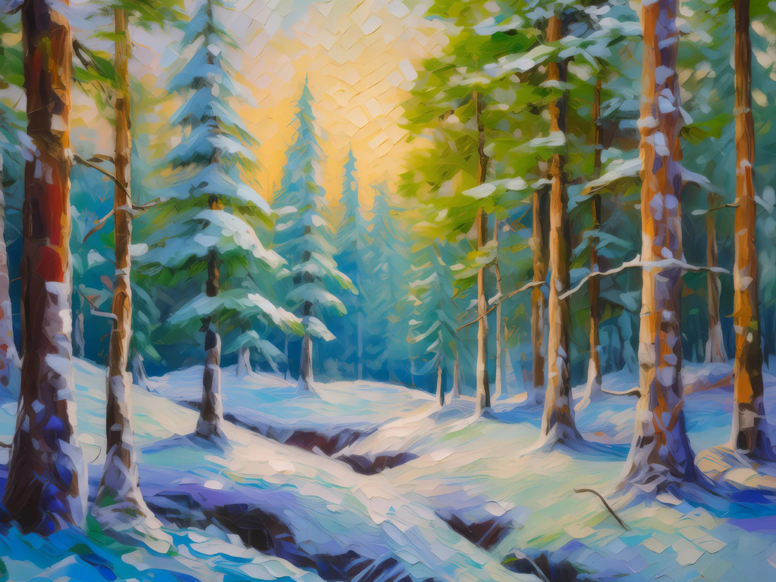Snowy Forest Glade, a palette-knife oil landscape by Emma Mickelberg