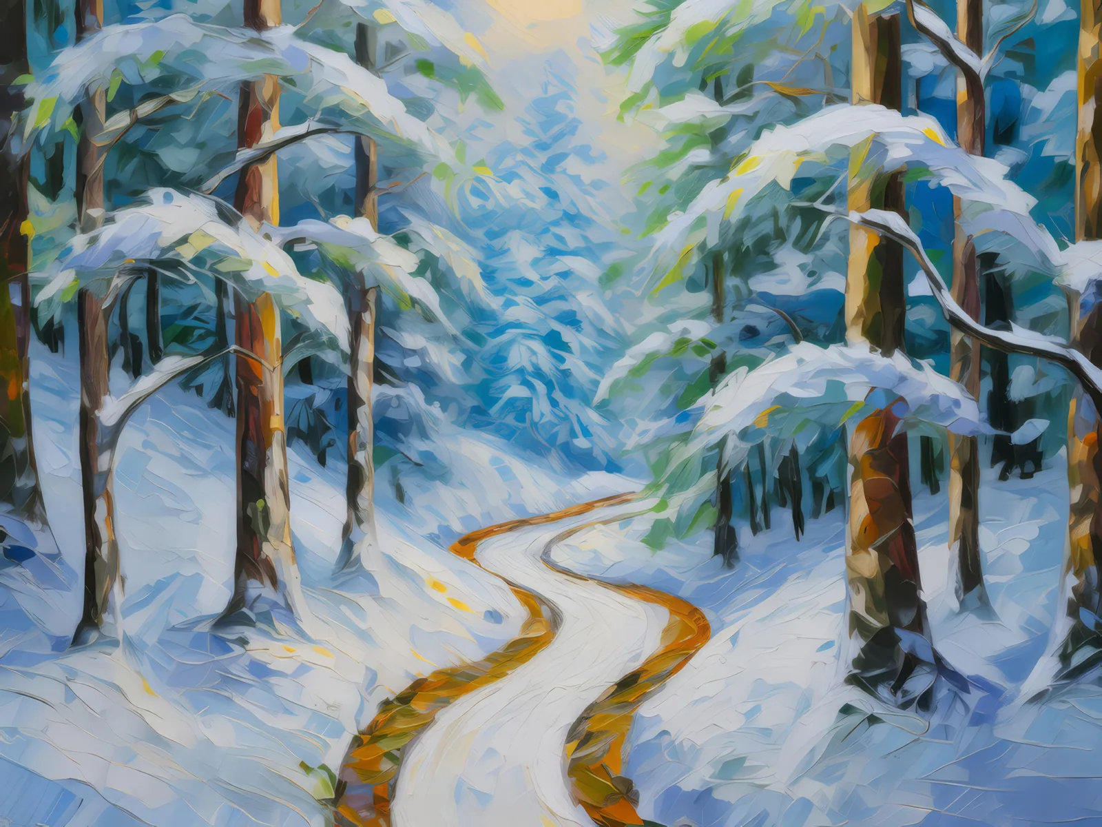 Snowy Forest Pathway, a palette-knife oil landscape by Emma Mickelberg