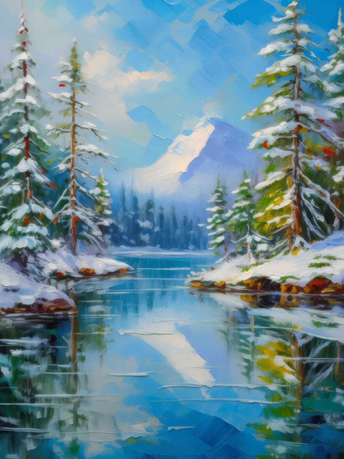 Snowy Forest Reflection, a palette-knife oil landscape by Emma Mickelberg