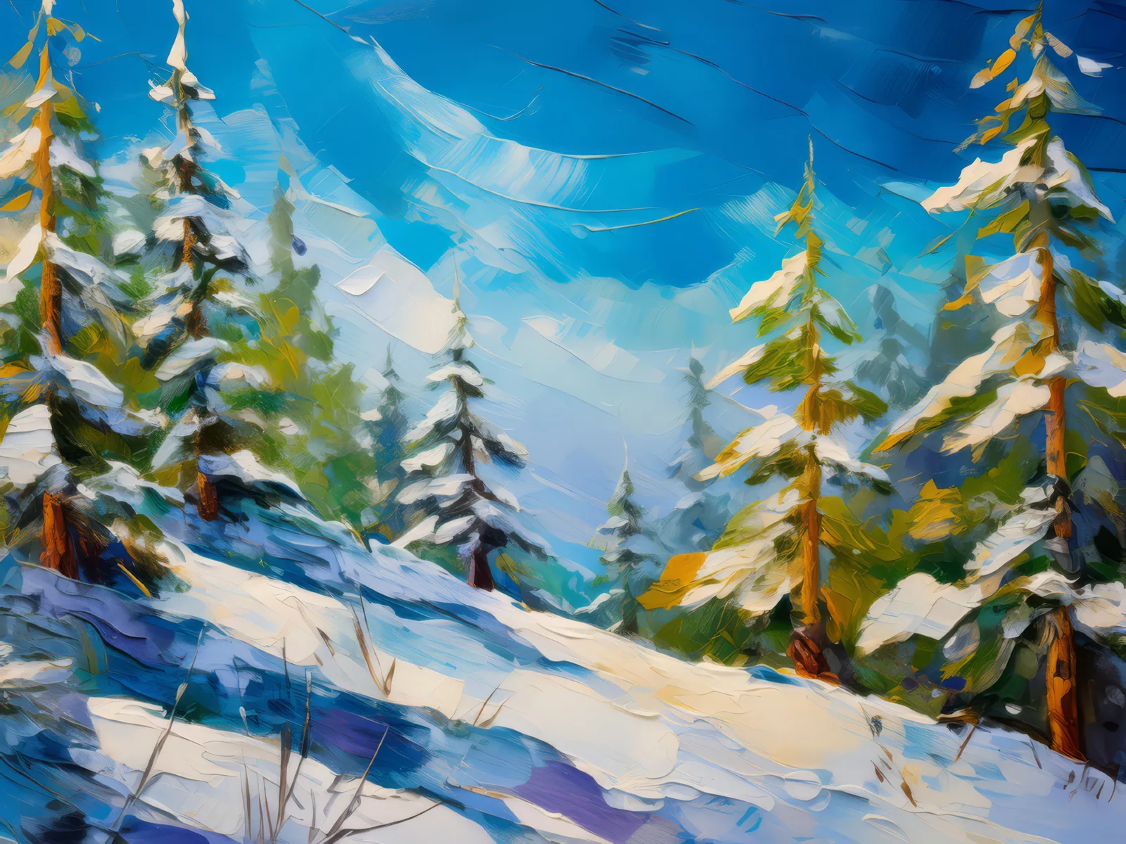 Snowy Forest Ridge, a palette-knife oil landscape by Emma Mickelberg