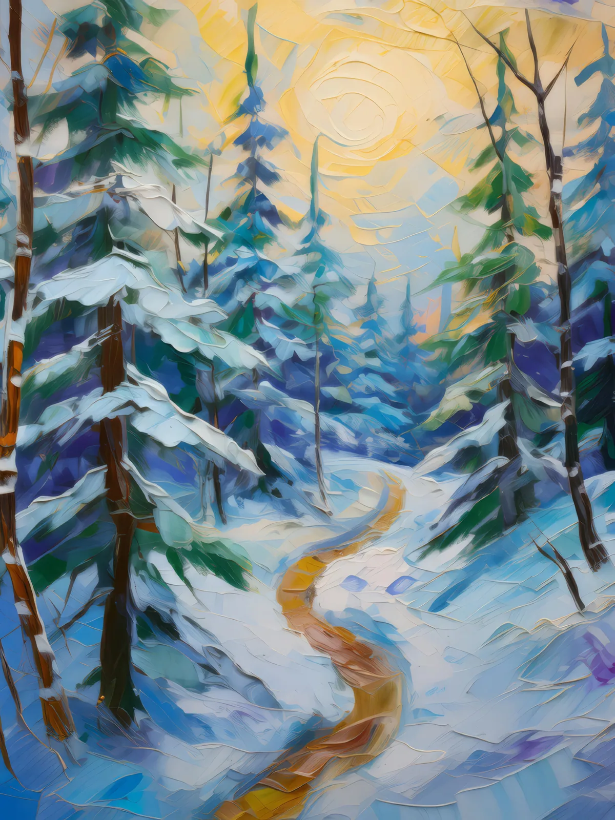 Snowy Forest Trail, a palette-knife oil landscape by Emma Mickelberg