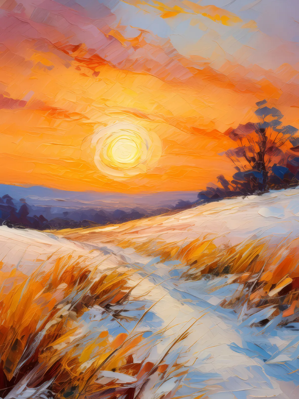 Snowy Grassland at Sunset, a palette-knife oil landscape by Emma Mickelberg