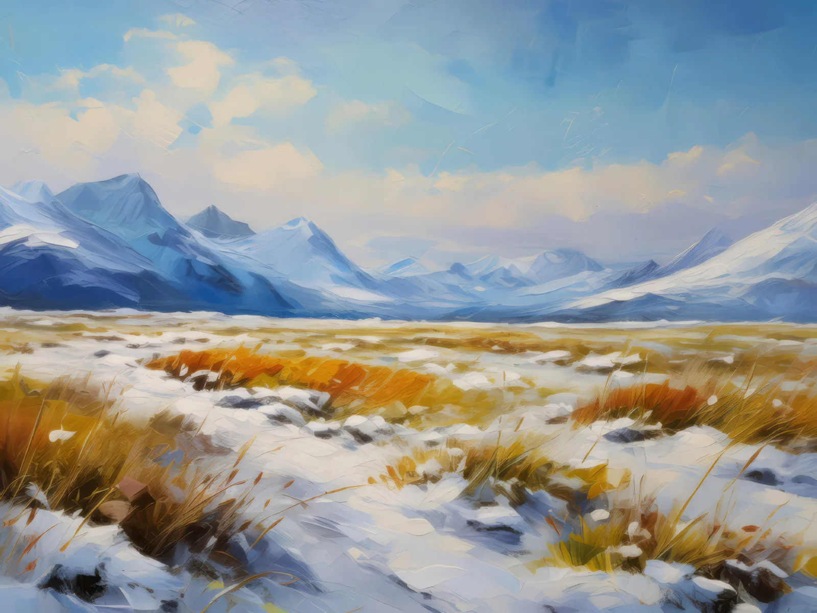 Snowy Grassland Panorama, a palette-knife oil landscape by Emma Mickelberg