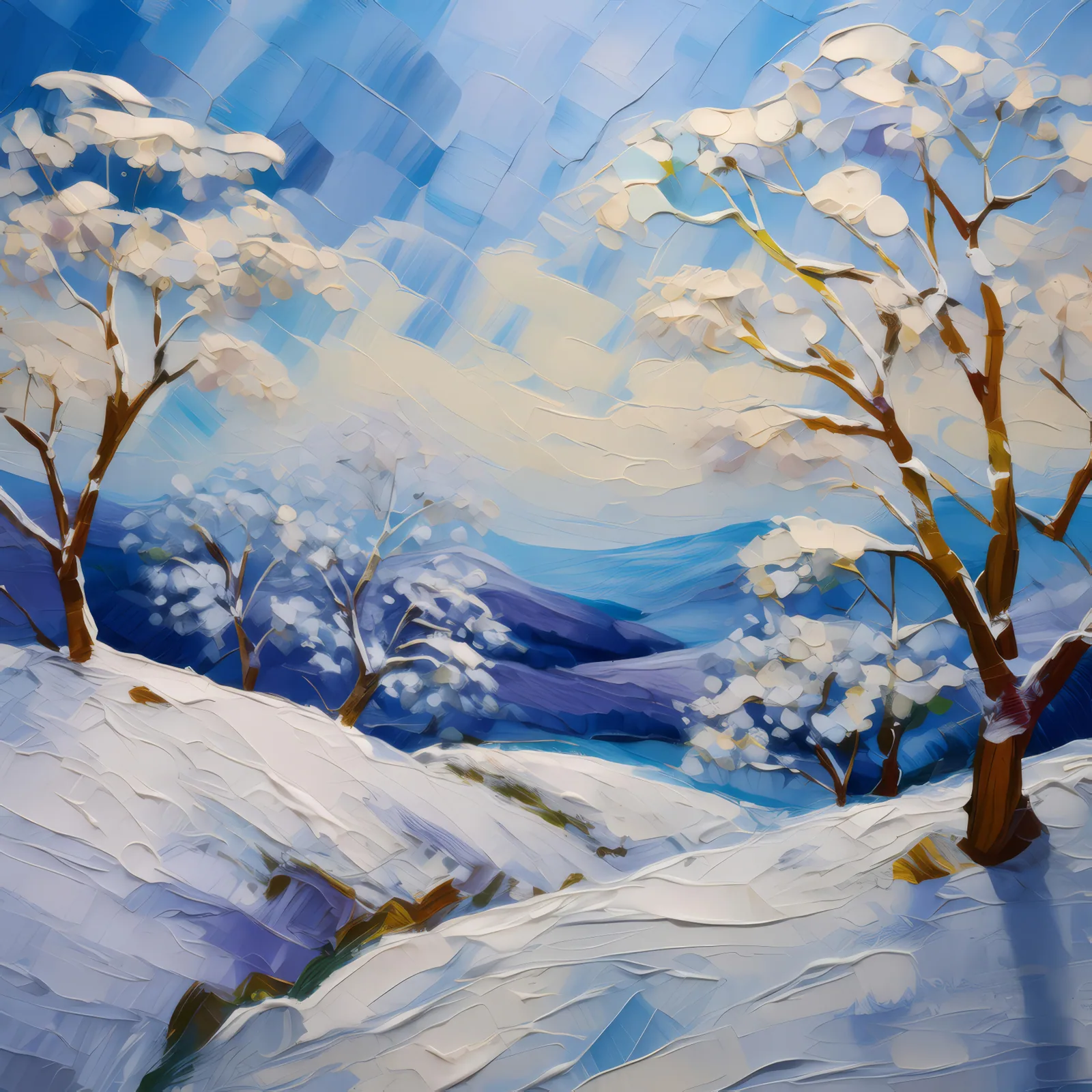 Snowy Knoll Wonderland, a palette-knife oil landscape by Emma Mickelberg