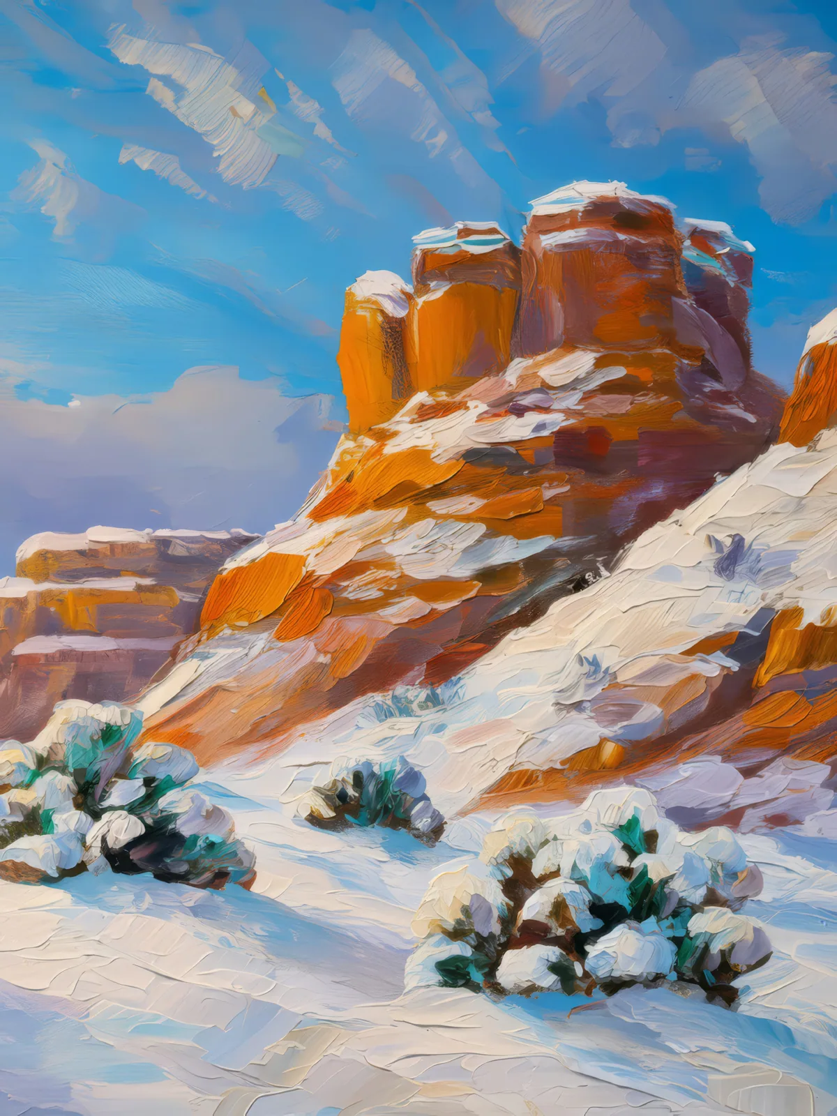 Snowy Mesa Winter, a palette-knife oil landscape by Emma Mickelberg