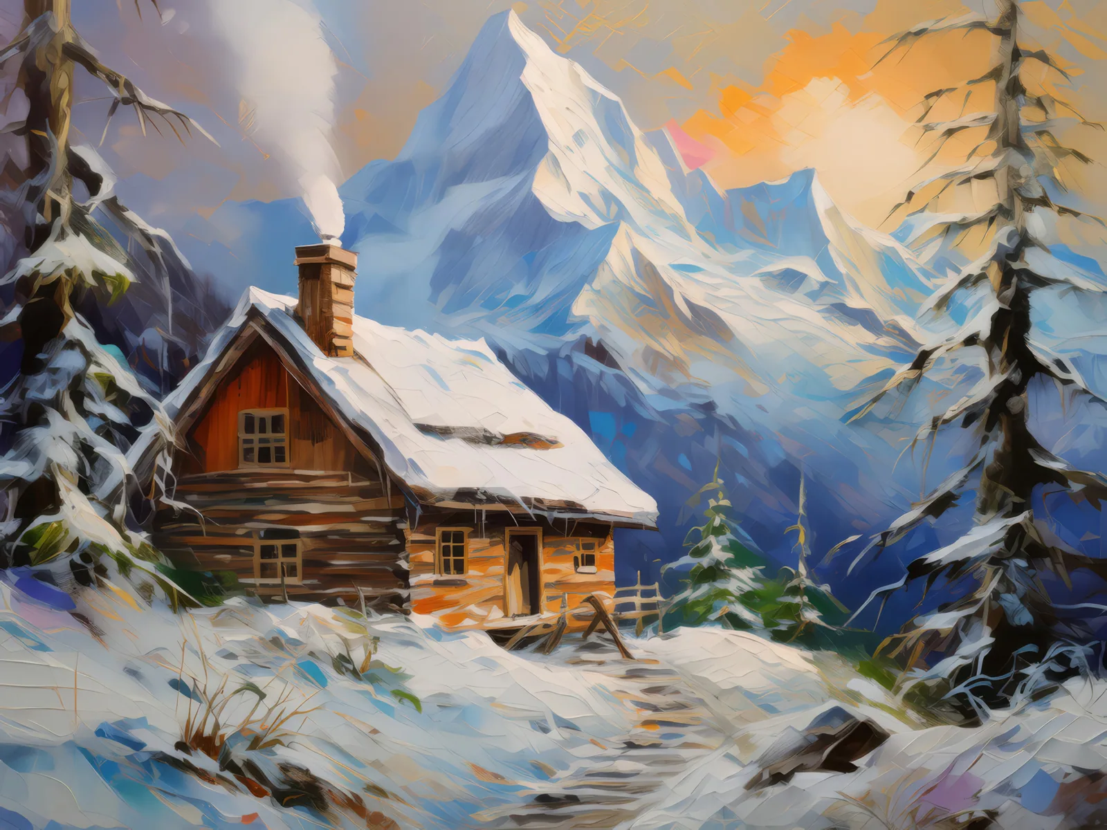 Snowy Mountain Cabin Retreat, a palette-knife oil landscape by Emma Mickelberg