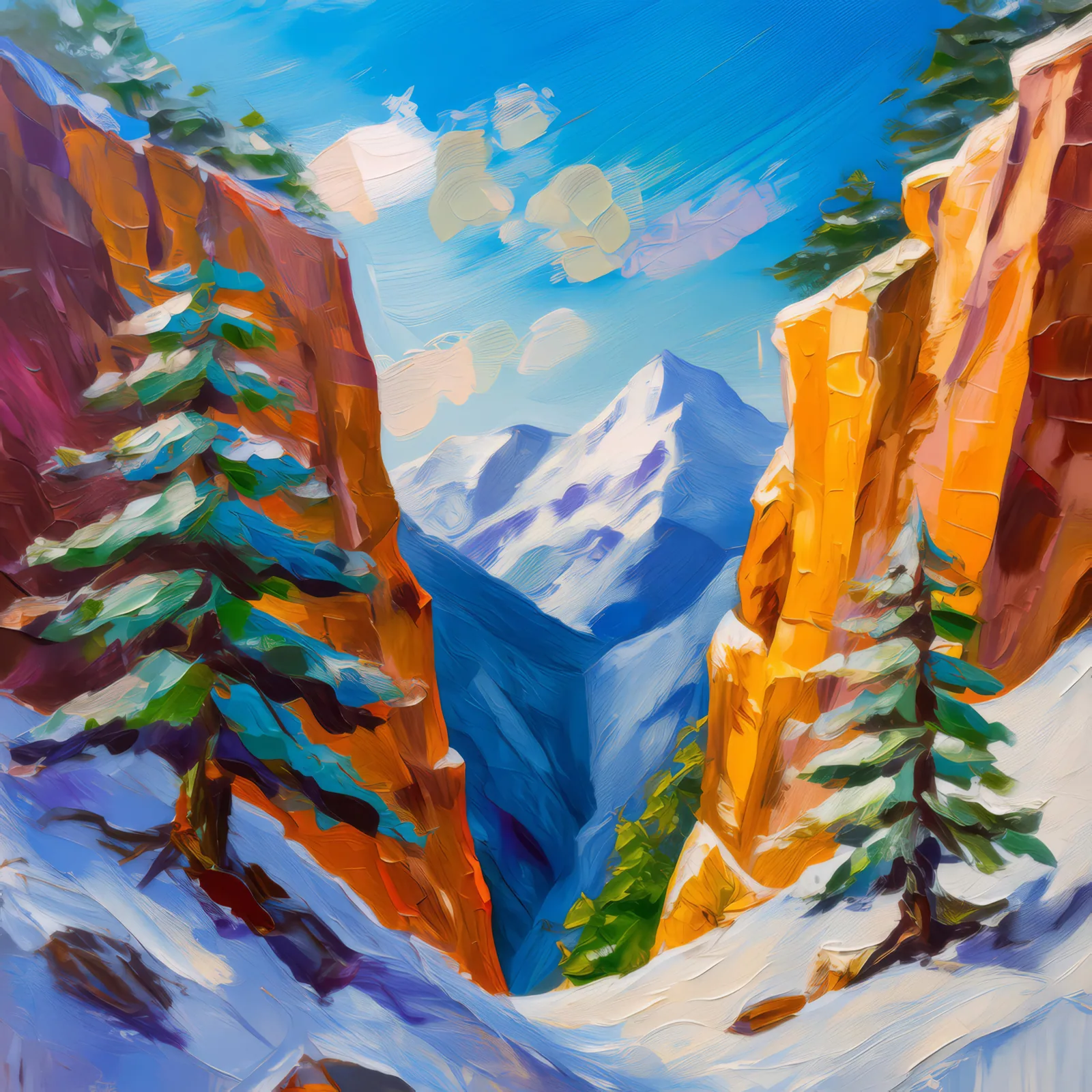 Snowy Mountain Chasm, a palette-knife oil landscape by Emma Mickelberg